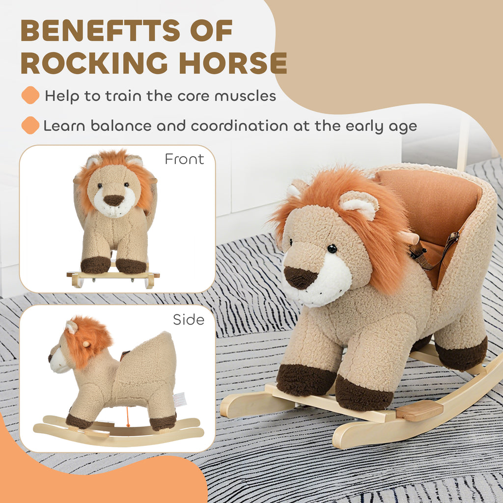 Baby Rocking Horse Lion with Sound, Plush Stuffed Rocking Animals, Wooden Rocking Horse with Seat Belt for 18-36 Months Boys and Girls Gift, Brown