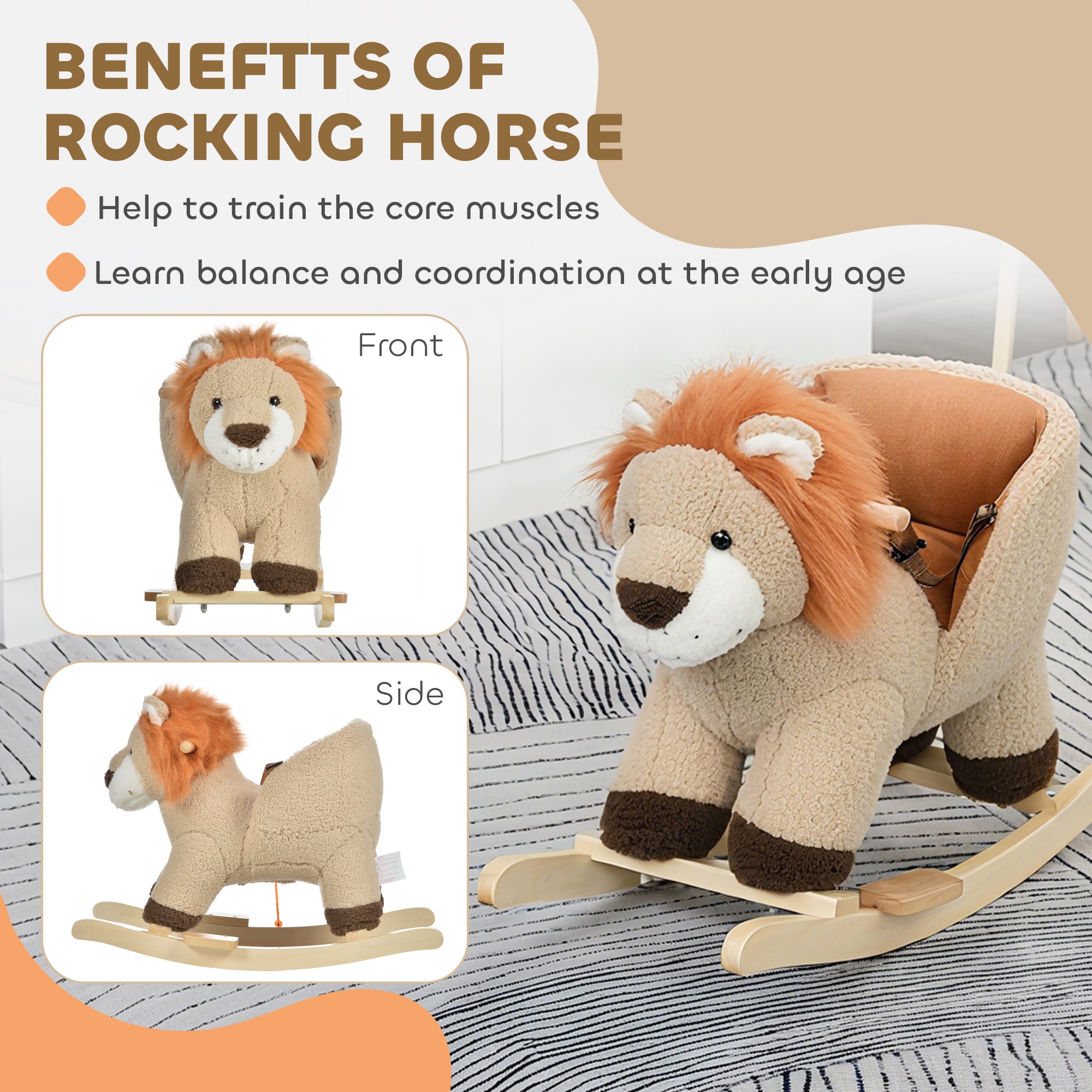 Baby Rocking Horse Lion with Sound, Plush Stuffed Rocking Animals, Wooden Rocking Horse with Seat Belt for 18-36 Months Boys and Girls Gift, Brown