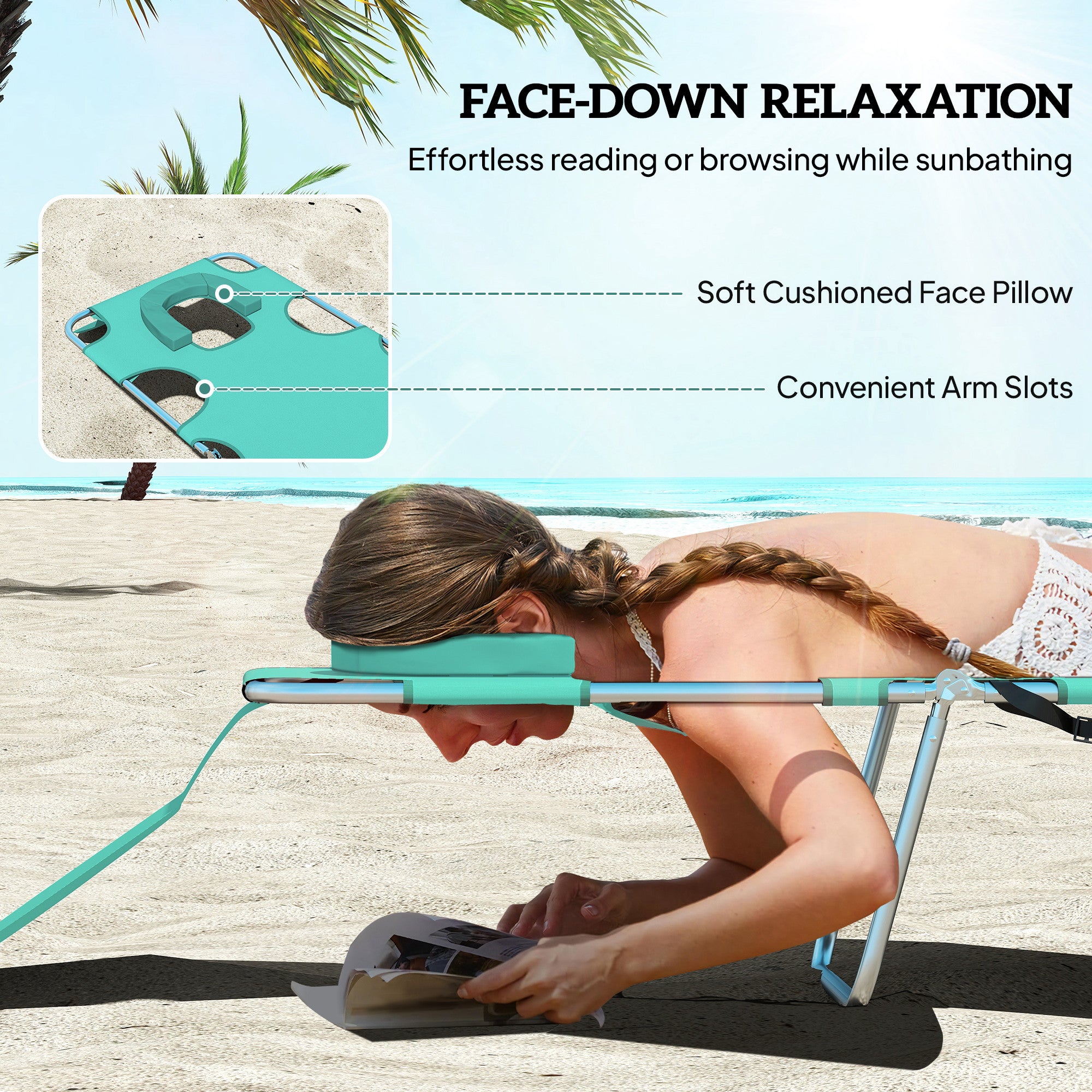 Tanning Chair with Face Hole, 5-Level Adjustable Outdoor Chaise Lounge Chair with Pillow for Beach, Pool, Light Green