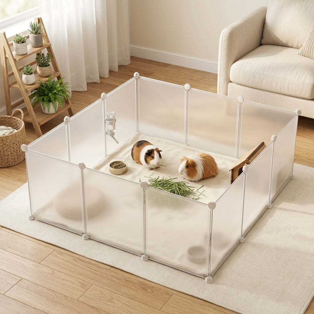 Pet Playpen DIY Small Animal Cage Open Enclosure Portable Plastic Fence 12 Panels for Guinea Pig Hedgehog White, 18" x 14"