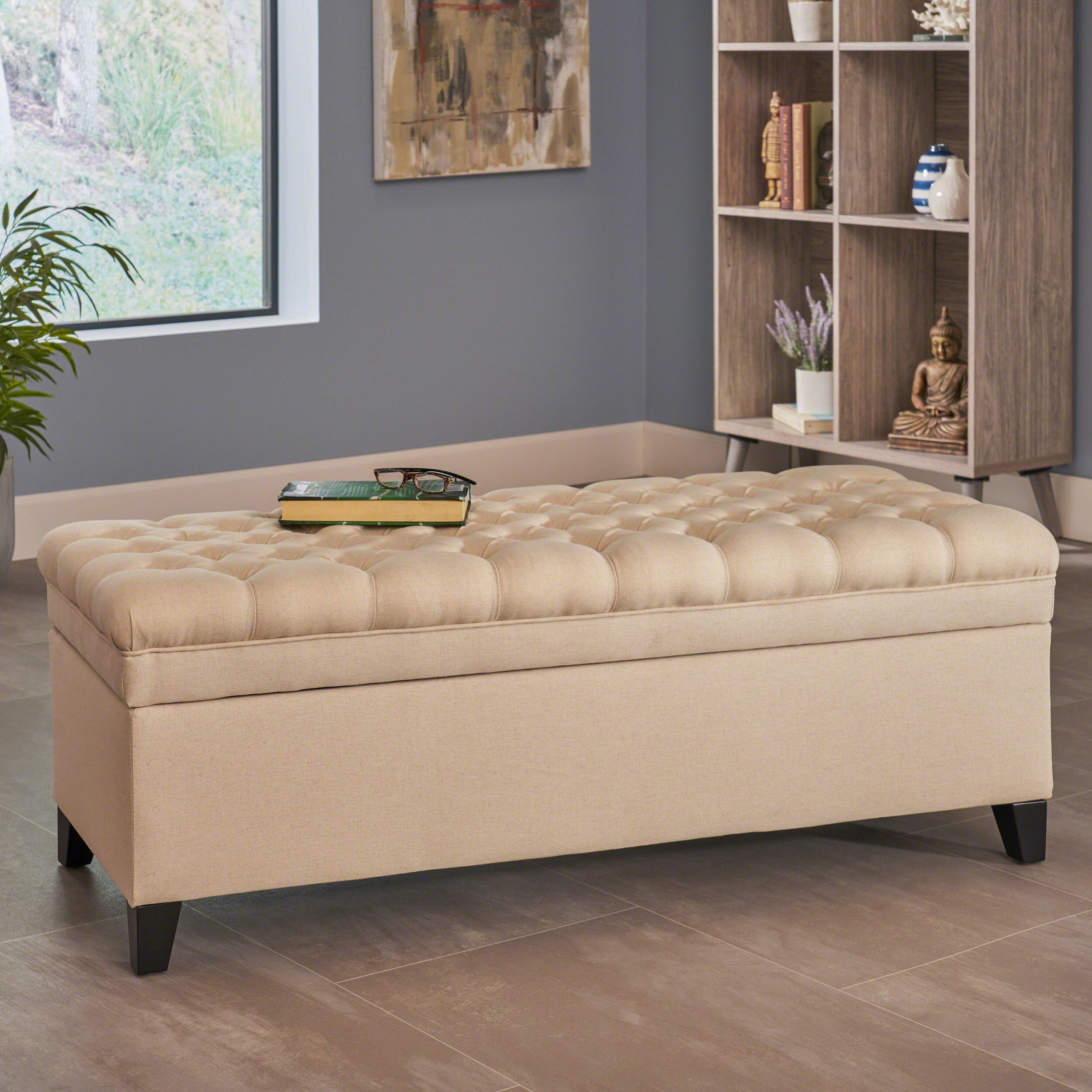 Storage Ottoman with Birch Legs, Hand-Tufted Fabric, 50" L x 20.5" W x 18.25" H, Spot Clean, Beige