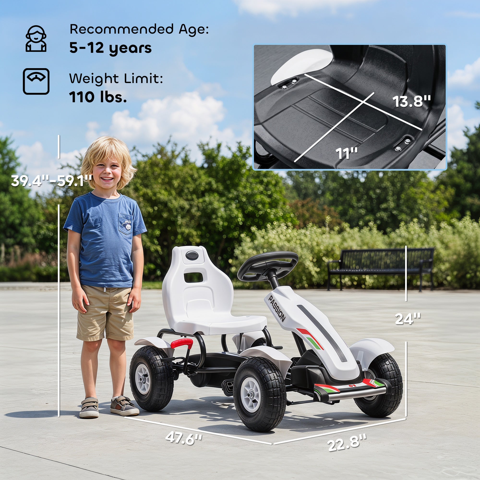 Kids Pedal Go Kart W/ Adjustable Seat, Rubber Wheels, White
