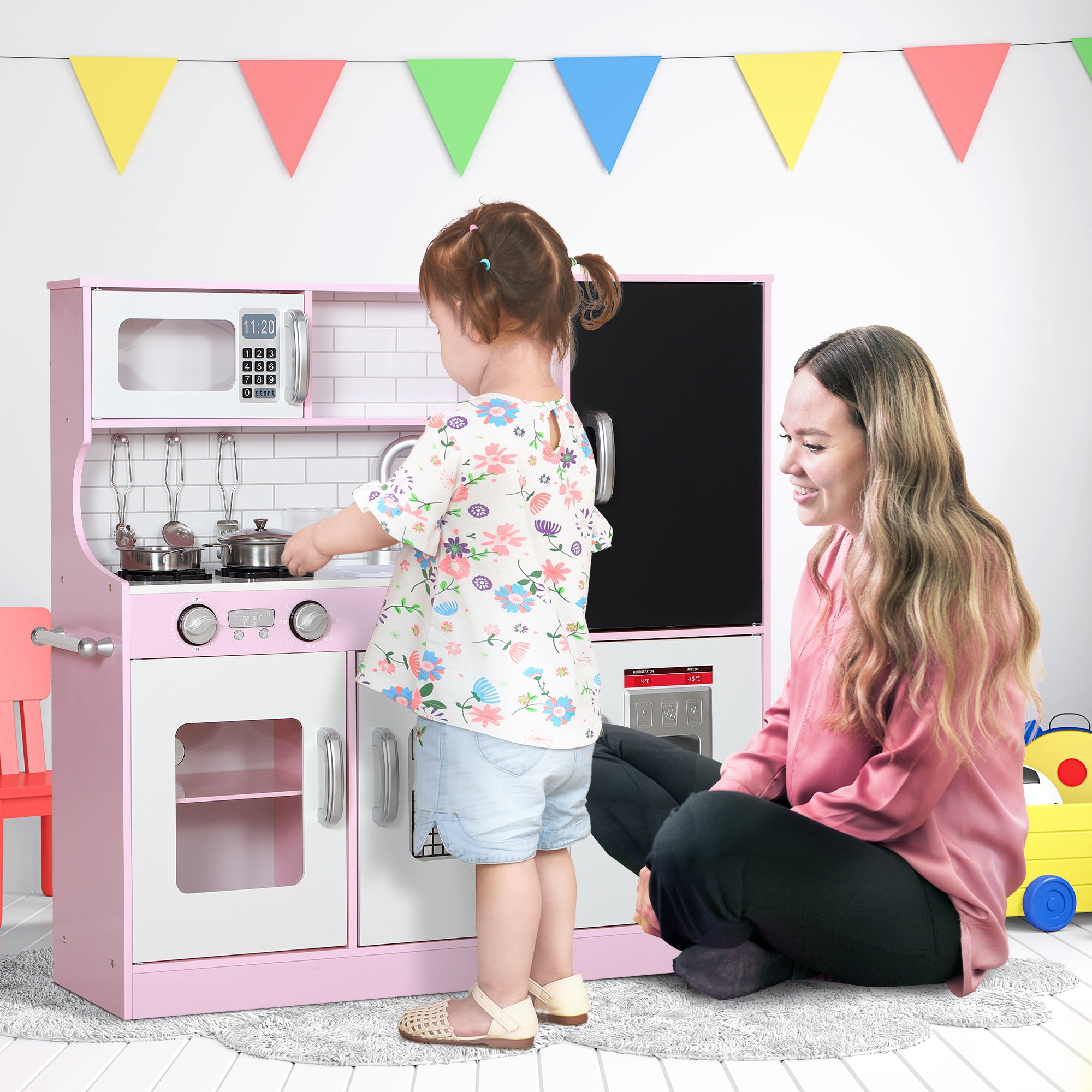 Pretend Play Kitchen, Kids Kitchen Playset with Play Phone, Chalkboard, Towel Rack & Ice Maker for 3-8 Years Pink
