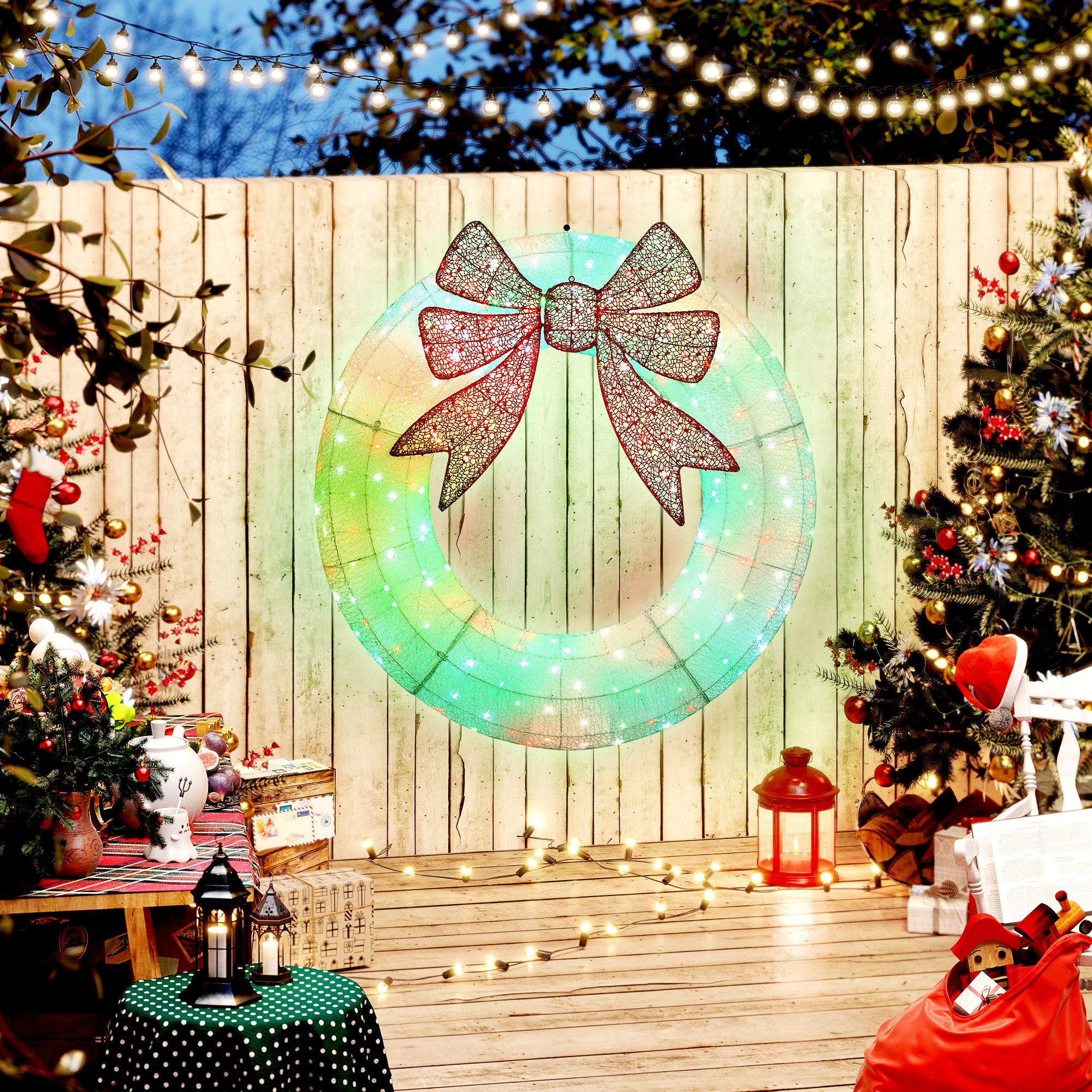 48 Inch Lighted Wreath Decoration with Dual Color LED, Christmas Wreath with Daily Timer, Remote for Indoor Outdoor