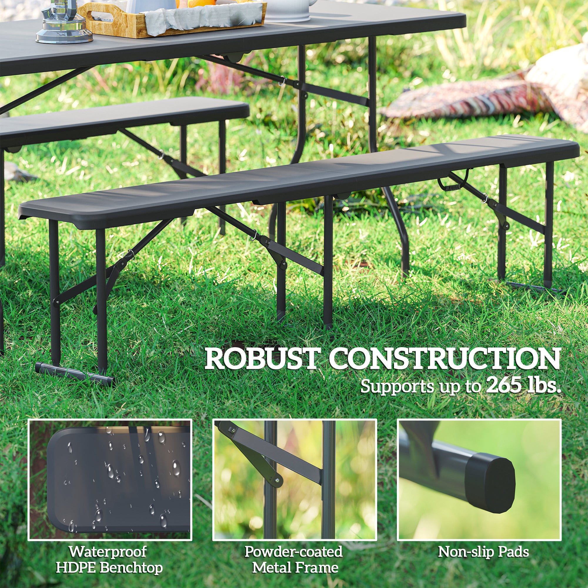 2 Pack 6 ft Portable Foldable Bench Seats, Plastic Folding Benches with Carrying Handle for Camping, Black