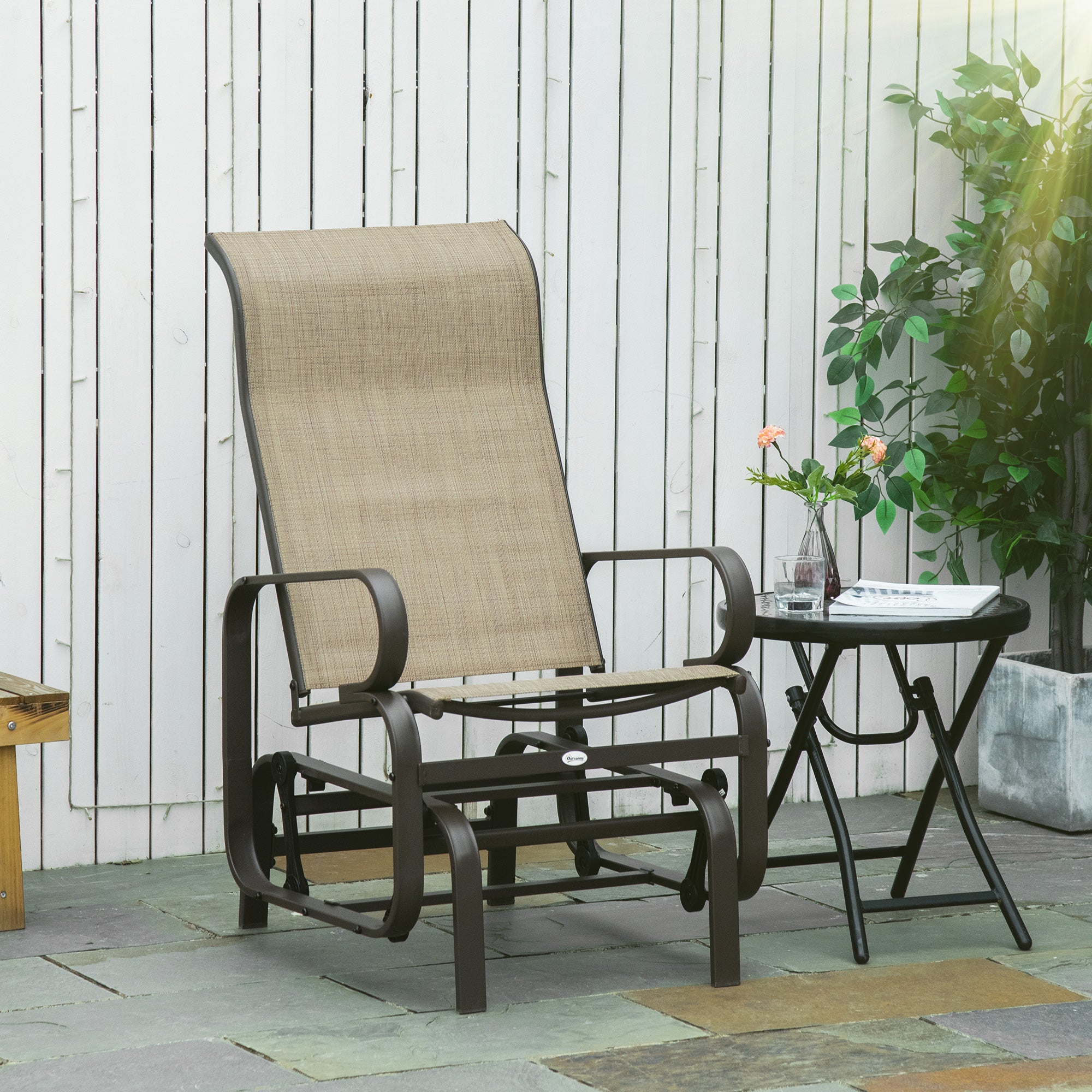 Gliding Lounger Chair, Single Rocker with Lightweight Metal & Mesh Construction, Tan