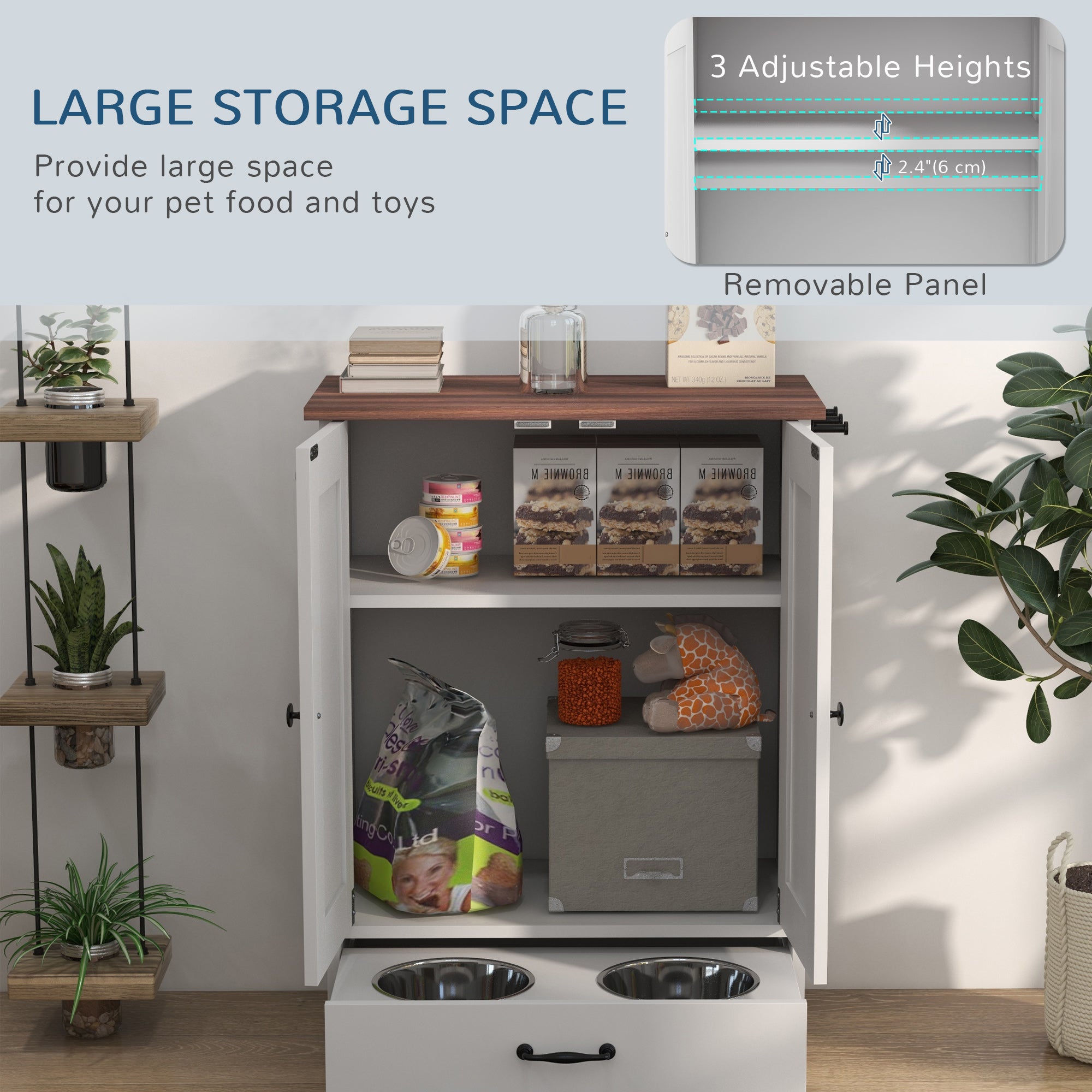 Pet Feeding Station, Dog Food Storage Cabinet w/ Raised Dog Bowls, Adjustable Panel, Hooks for Medium Dogs, White