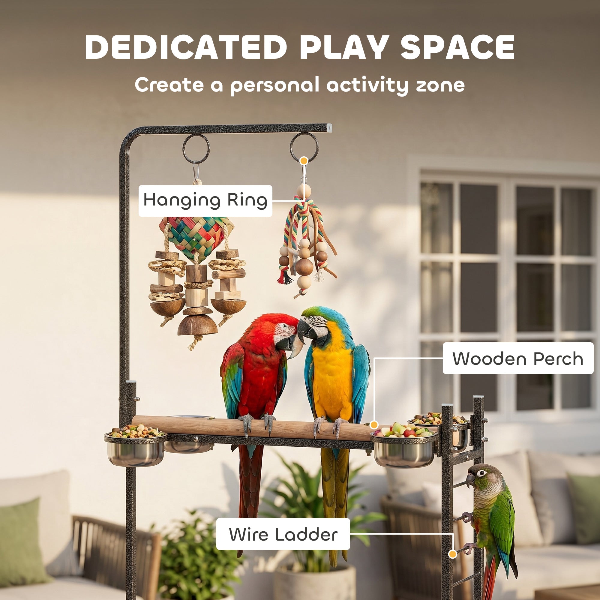 Bird Stand with Wheels Parrot Stand with Slide-out Tray Stainless Steel Bowls for Indoor Outdoor Dark Gray