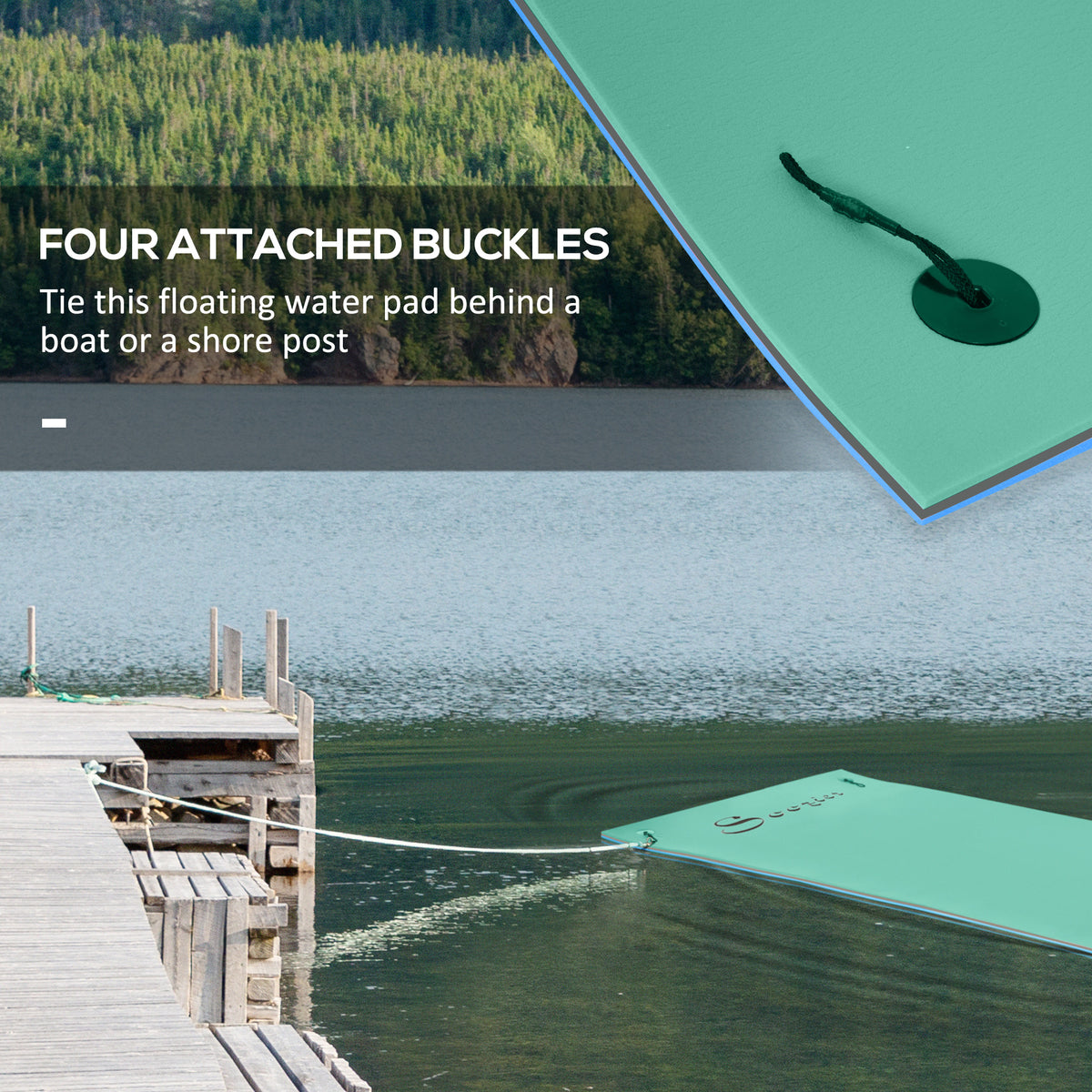 12' x 5' Lily Pad Floating Mat with Cup Holder Table, 3-Layer Portable Roll-Up Water Mat Float Dock for 2-3 People, on Lake, River, Beach, Swimming Pool, Green