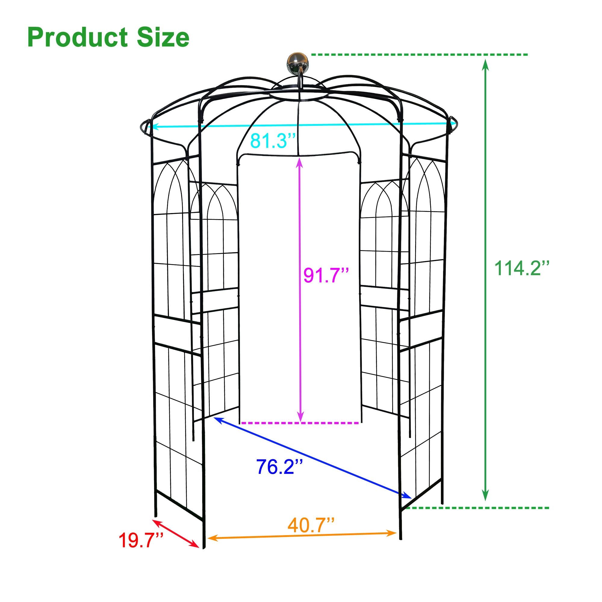 Metal Garden Arch Arbor with Anti-Rust Coating, Birdcage Shape Pergola Pavilion for Wedding, Ceremony, 81.5" L x 81.5" W x 114" H, Black