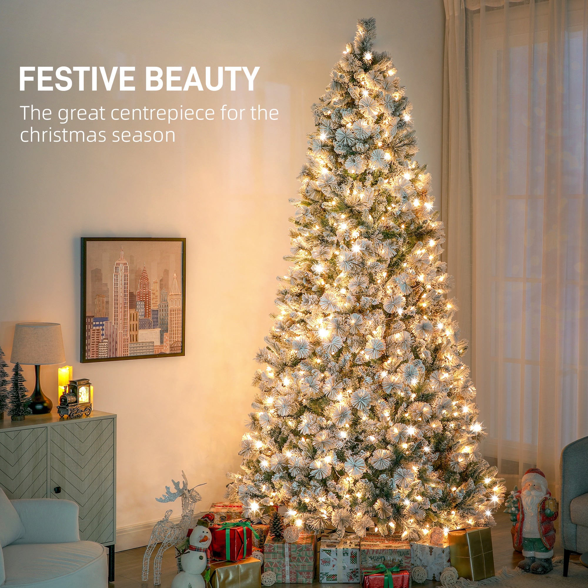 9 ft Prelit Flocked Artificial Christmas Tree with 750 Clear Lights, 2387 Tips, Metal Stand for Home Office Holiday