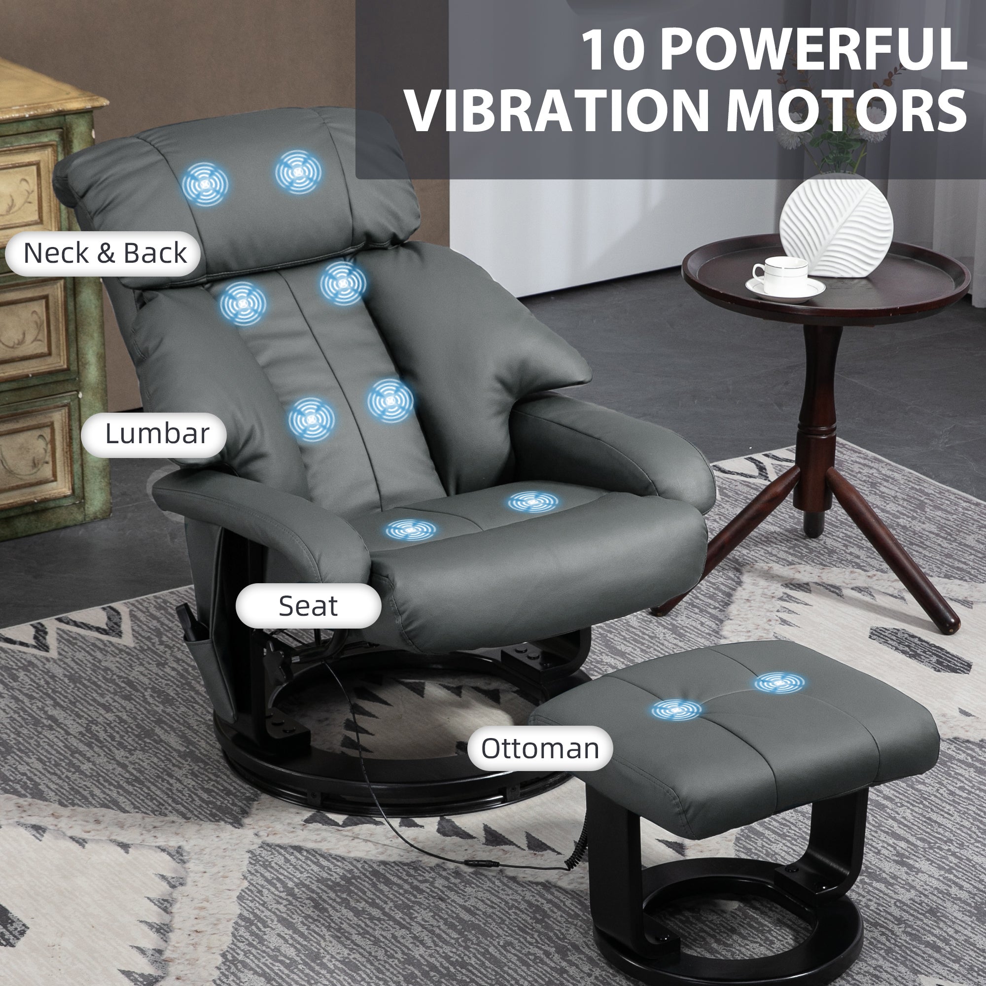 Swivel Recliner with Ottoman, Faux Leather Reclining Chair with Massage, Footstool Remote and Side Pocket, Gray