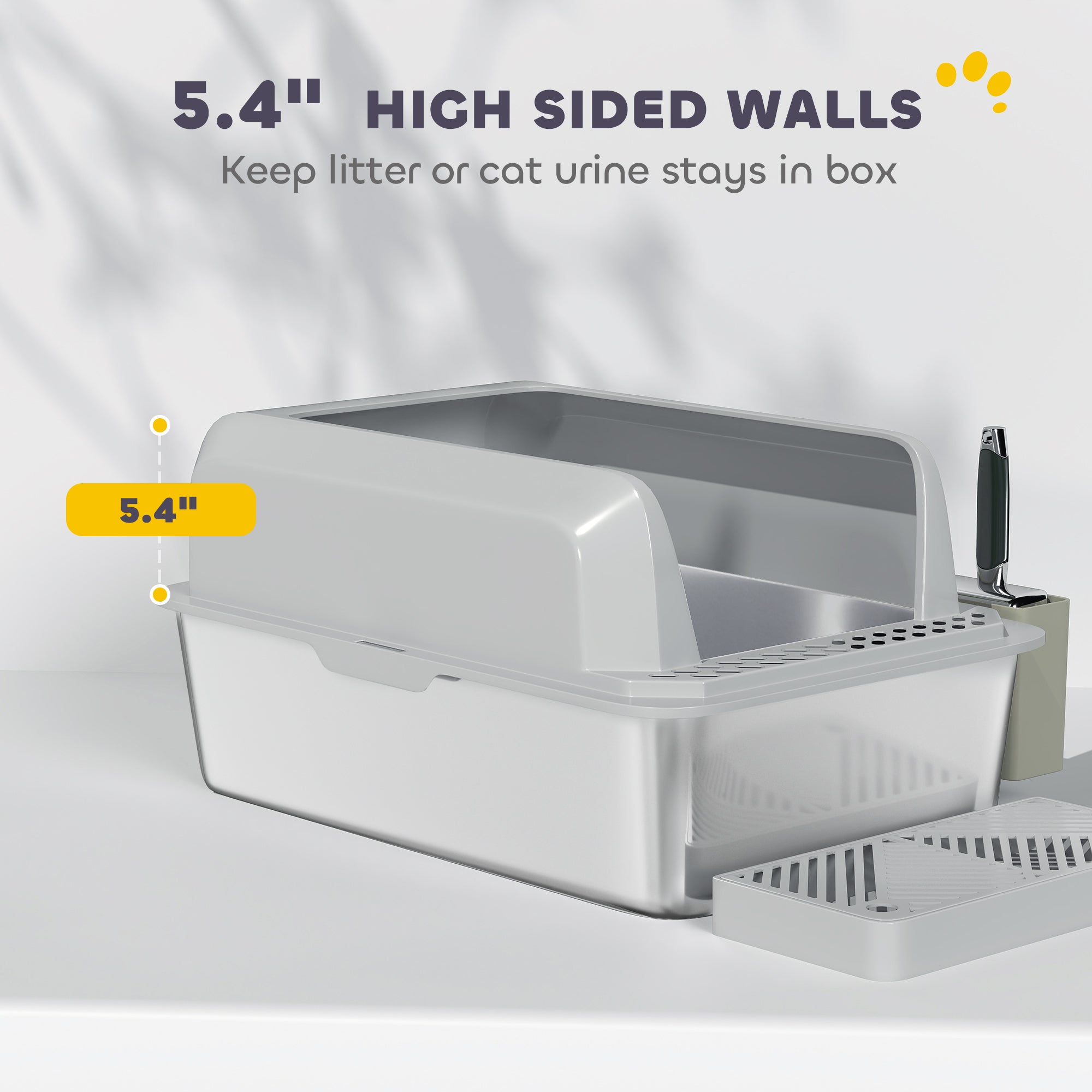 Stainless Steel Litter Box with Metal Scoop & Scoop Holder, High Sided, Anti-Urine Leakage, Non-Sticky