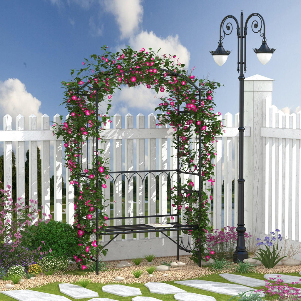 Metal Trellis Arbor Arch for Climbing Plants with Garden Bench, Grow Grapes and Vines, Decorative Seating, Black