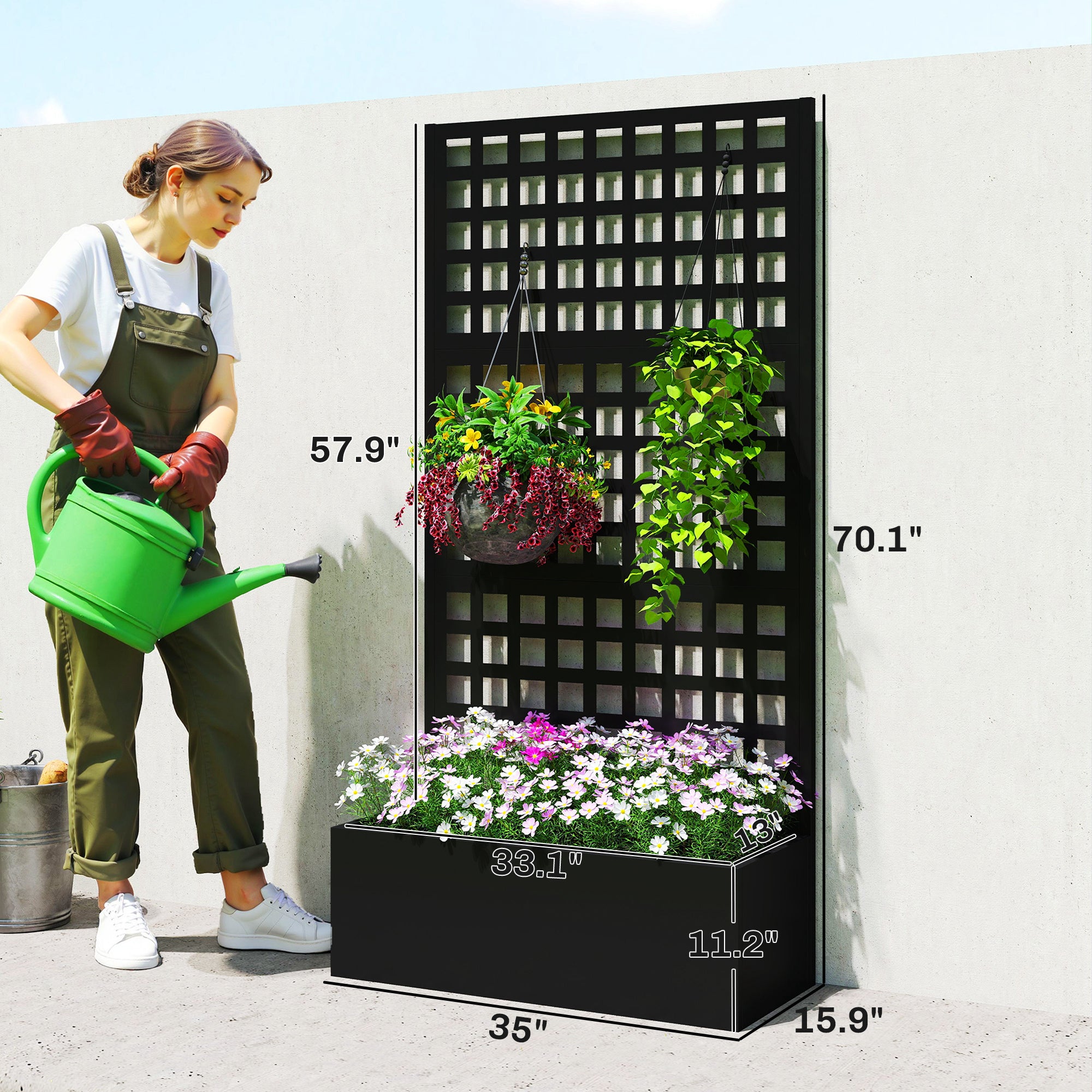 Galvanized Raised Garden Bed Planter Box with Trellis for Climbing Plants, Vegetable, Vines, 35" x 16" x 70", Black