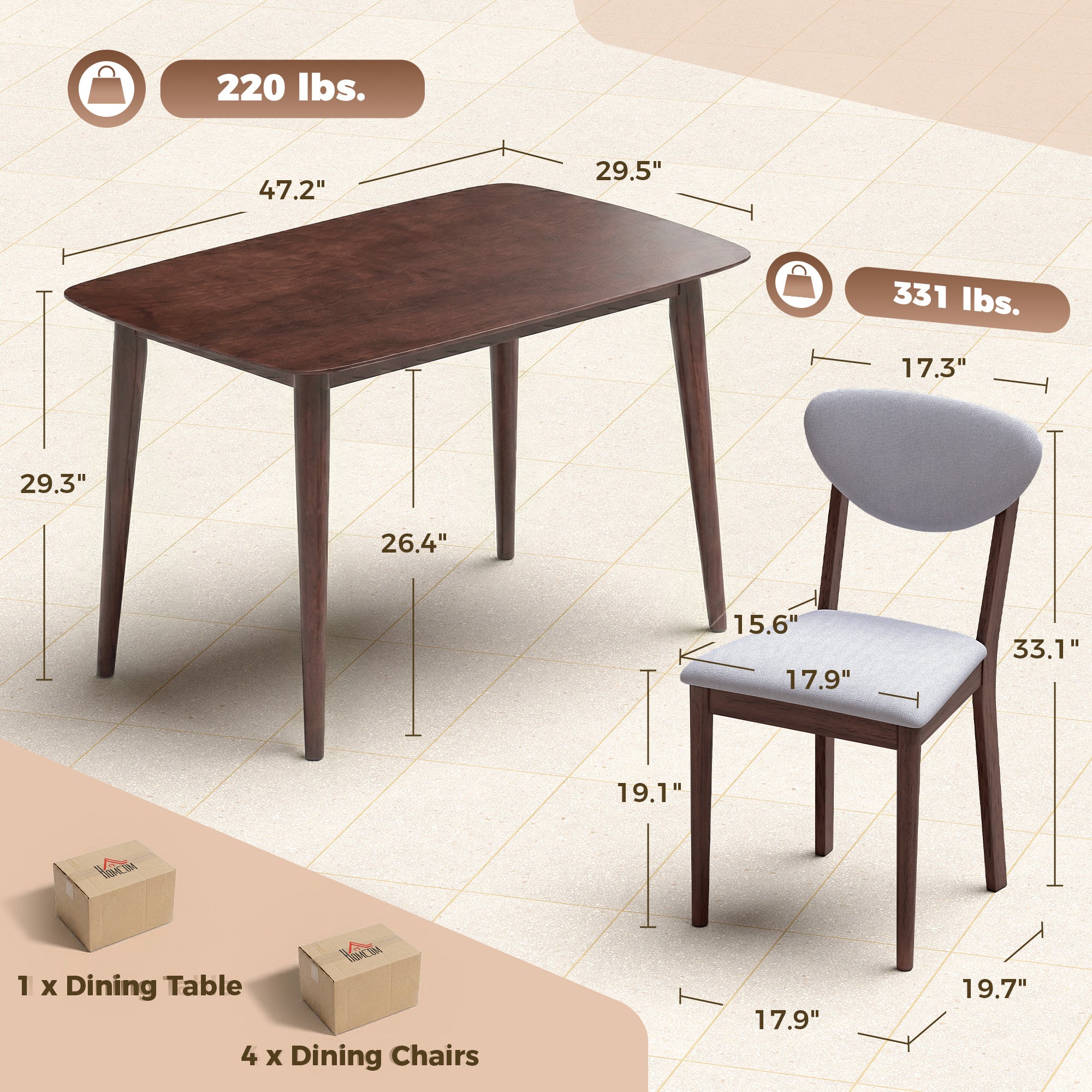 5-Piece Dining Table Set for 4, Mid-Century Modern Kitchen Table and Chairs, Light Gray