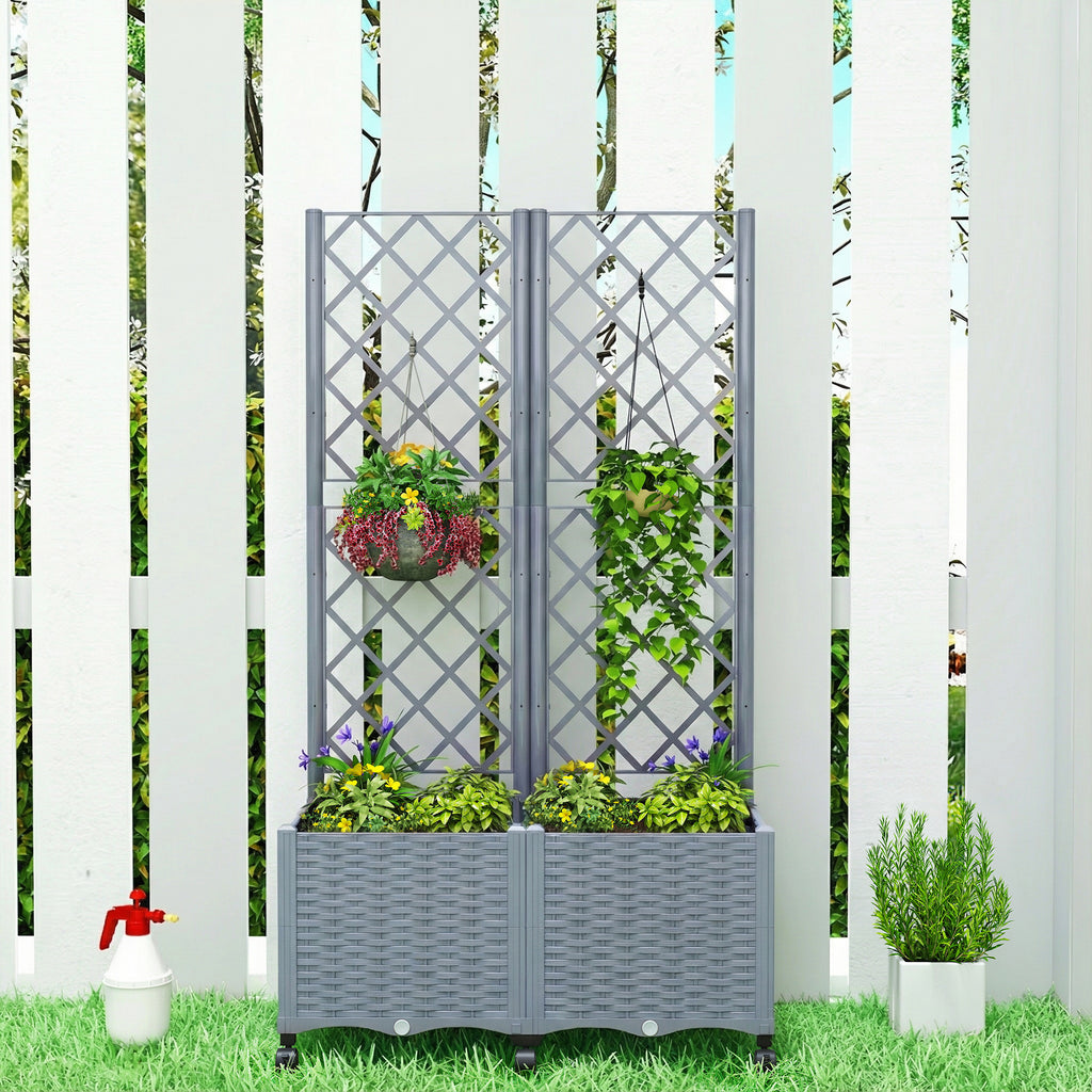 Planter Box with Trellis, Self Watering Raised Garden Bed with Lockable Wheels and Drainage Holes, Gray