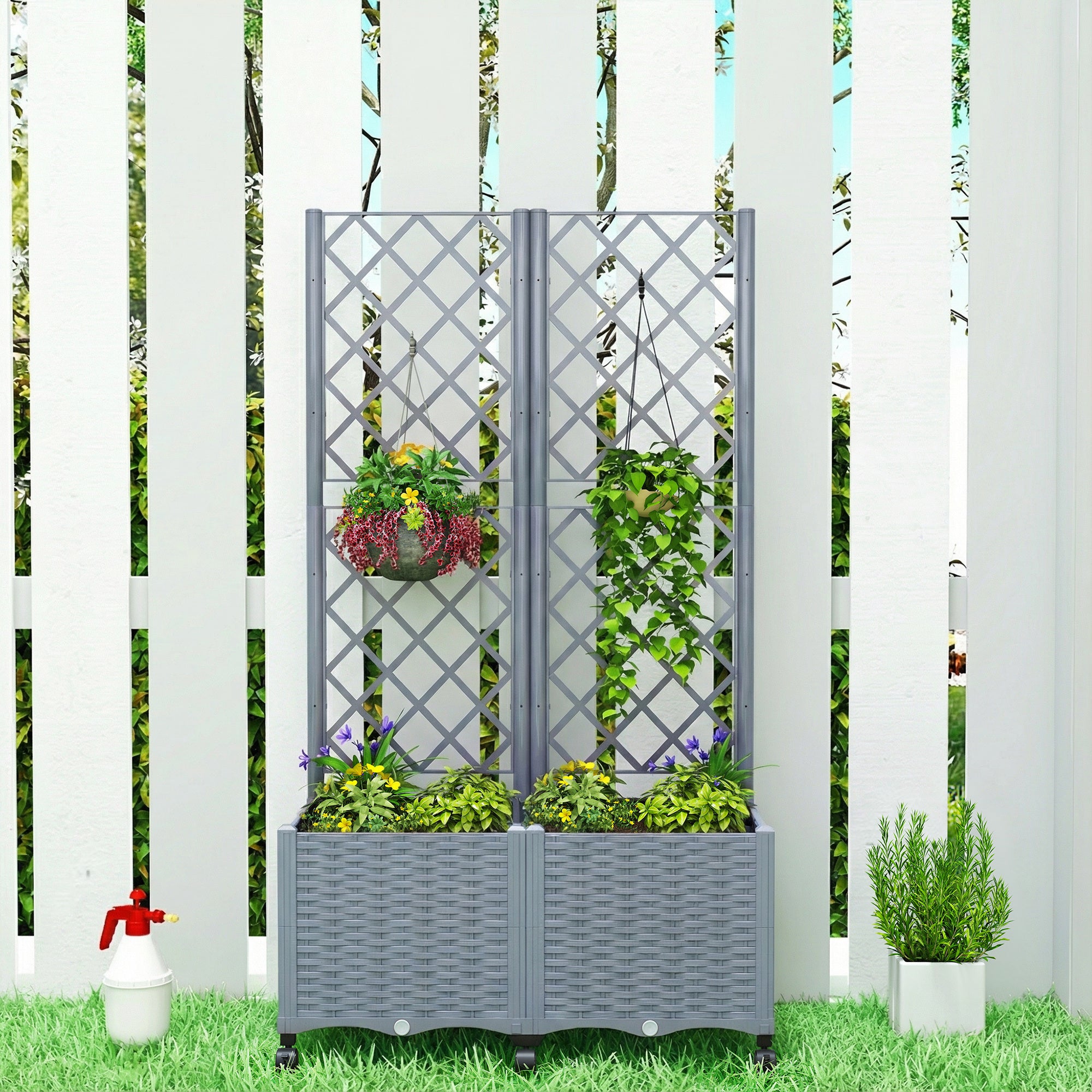 Planter Box with Trellis, Self Watering Raised Garden Bed with Lockable Wheels and Drainage Holes, Gray