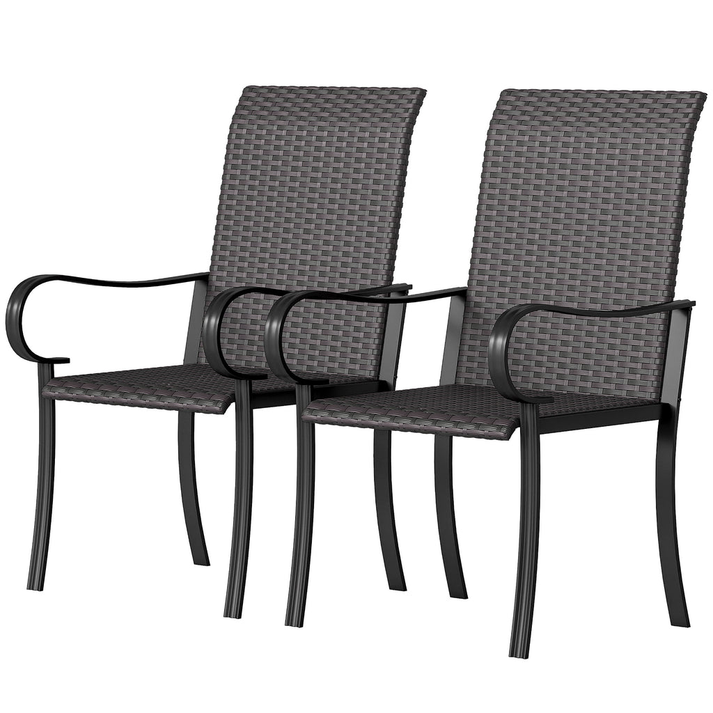 Set of 2 Outdoor Wicker Dining Chairs with Armrest, Steel Frame, High Back and Deep Seating, Brown