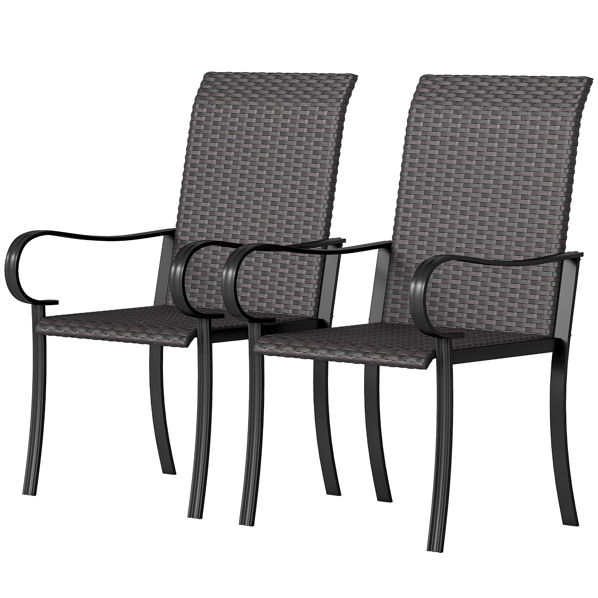 Set of 2 Outdoor Wicker Dining Chairs with Armrest, Steel Frame, High Back and Deep Seating, Brown