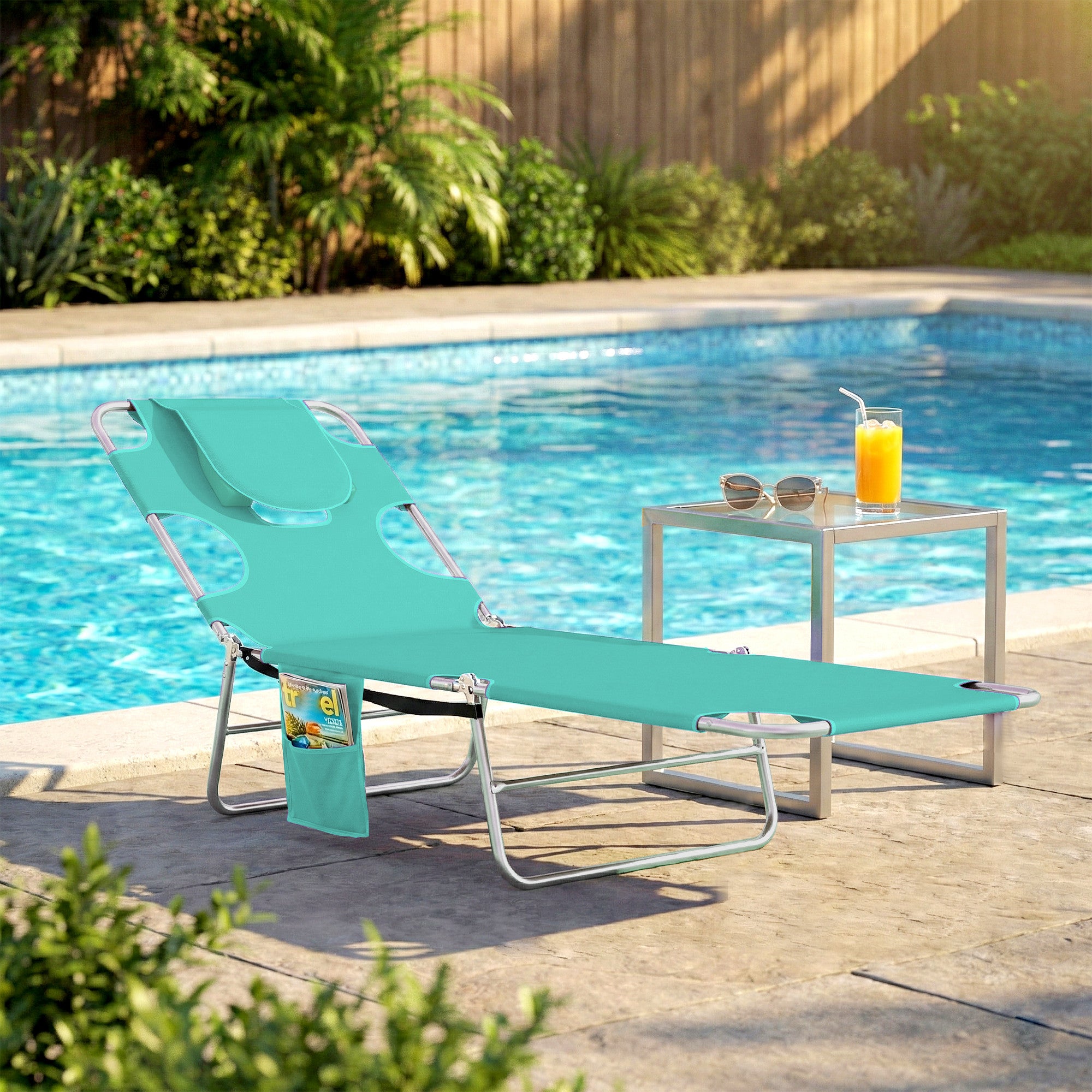 Tanning Chair with Face Hole, 5-Level Adjustable Outdoor Chaise Lounge Chair with Pillow for Beach, Pool, Light Green
