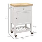 Kitchen Island on Wheels, Rolling Kitchen Cart with Rubberwood Top, Drawer, Wine Rack and Cabinet, White