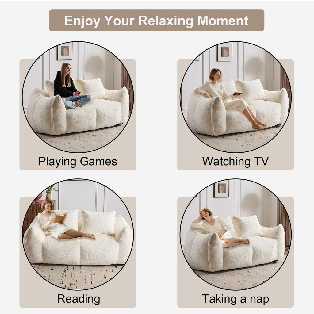 Bean Bag Sofa with High-Density Foam and Faux Fur Fabric, Compressed Sofa Oversized Fluffy Loveseat for Adults, 75" L x 42.5" W x 28.5" H, White