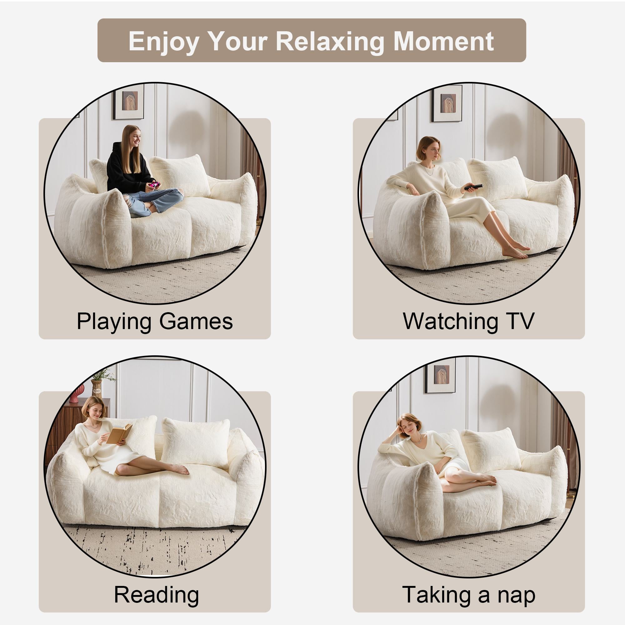 Bean Bag Sofa with High-Density Foam and Faux Fur Fabric, Compressed Sofa Oversized Fluffy Loveseat for Adults, 75" L x 42.5" W x 28.5" H, White