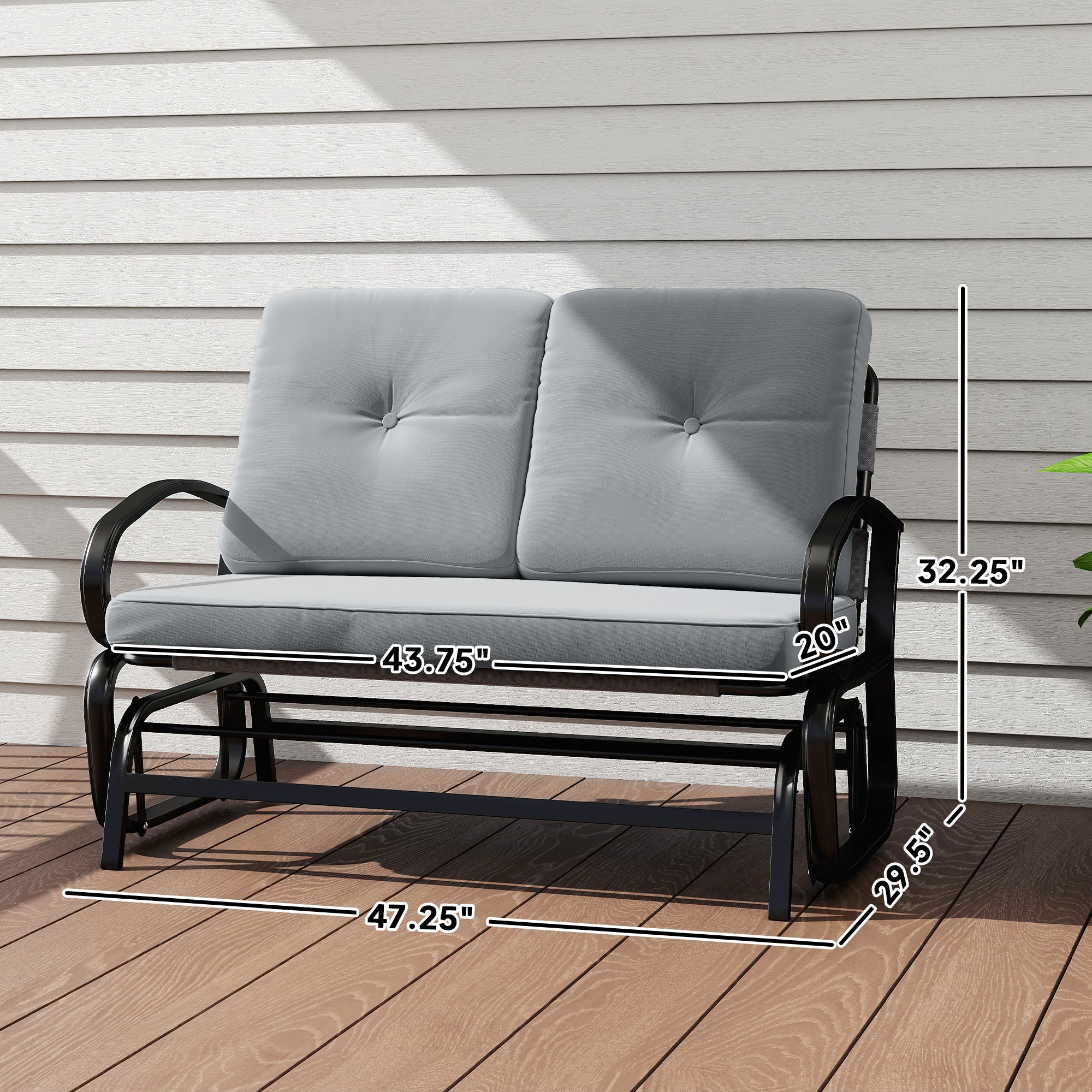Outdoor Glider Bench, 2-Person Patio Rocker Loveseat with Tufted Cushions, Steel Frame for Porch, Garden Backyard, Gray