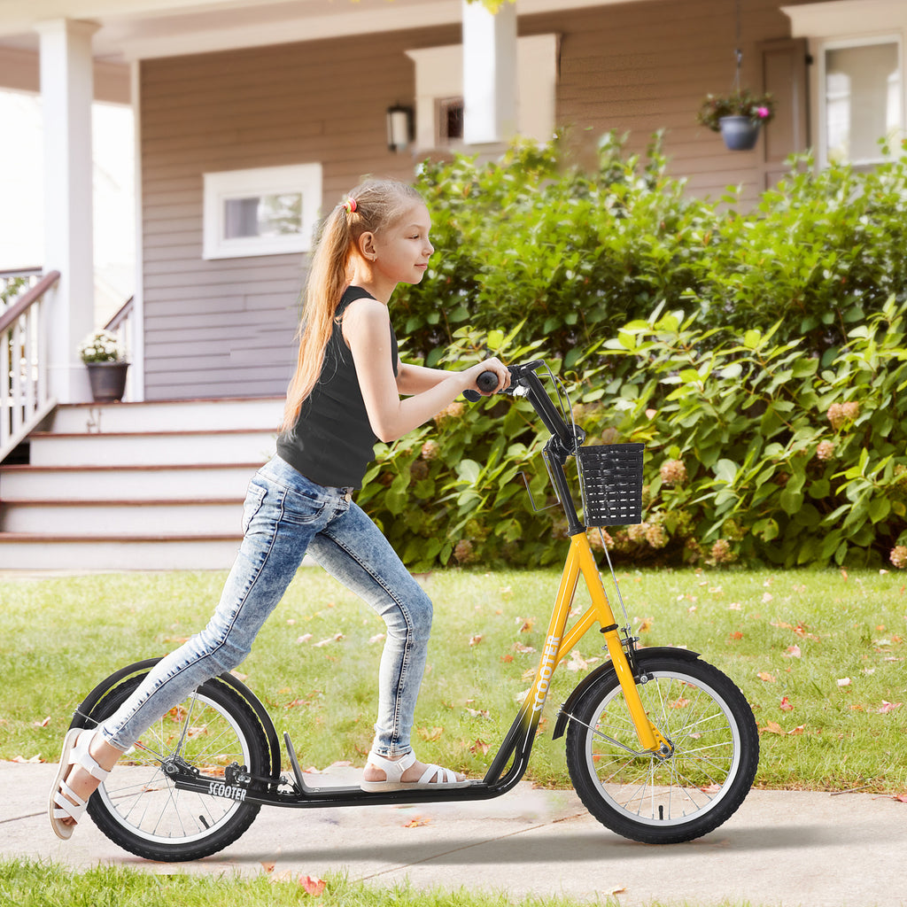 Youth Scooter, Kick Scooter with Adjustable Handlebars, Double Brakes, 16" Inflatable Rubber Tires, Basket, Cupholder, Orange