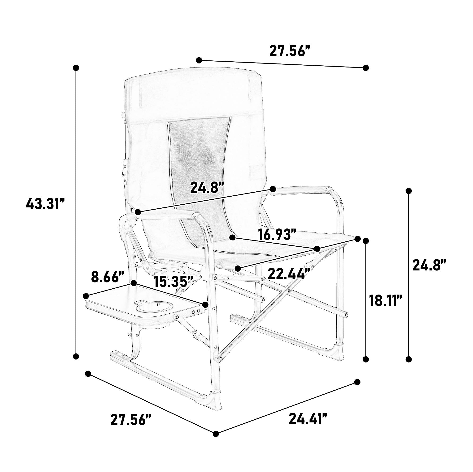 Camping Director's Chair with Side Table and Pocket, Steel Frame, Heavy Duty Oversized Portable Folding Chair, 25" L x 27.5" W x 43.5" H, Gray