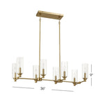 Willow 8-Light Island Pendant Lamp with Clear Ribbed Glass, Satin Brass Finish, 36" L x 15" W x 9" H, Antique Brass+Clear