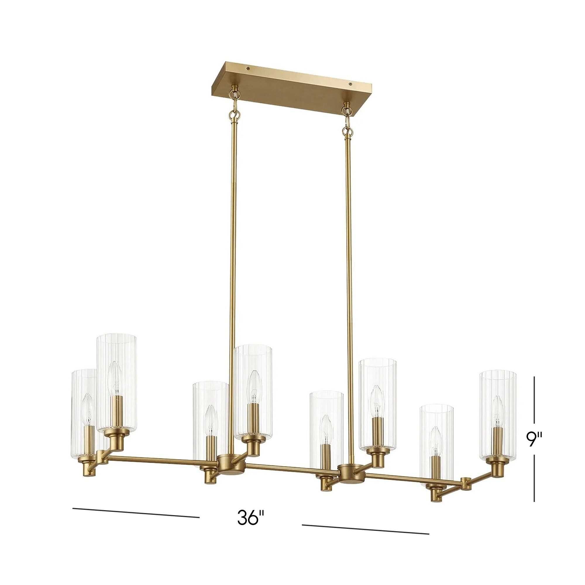 Willow 8-Light Island Pendant Lamp with Clear Ribbed Glass, Satin Brass Finish, 36" L x 15" W x 9" H, Antique Brass+Clear