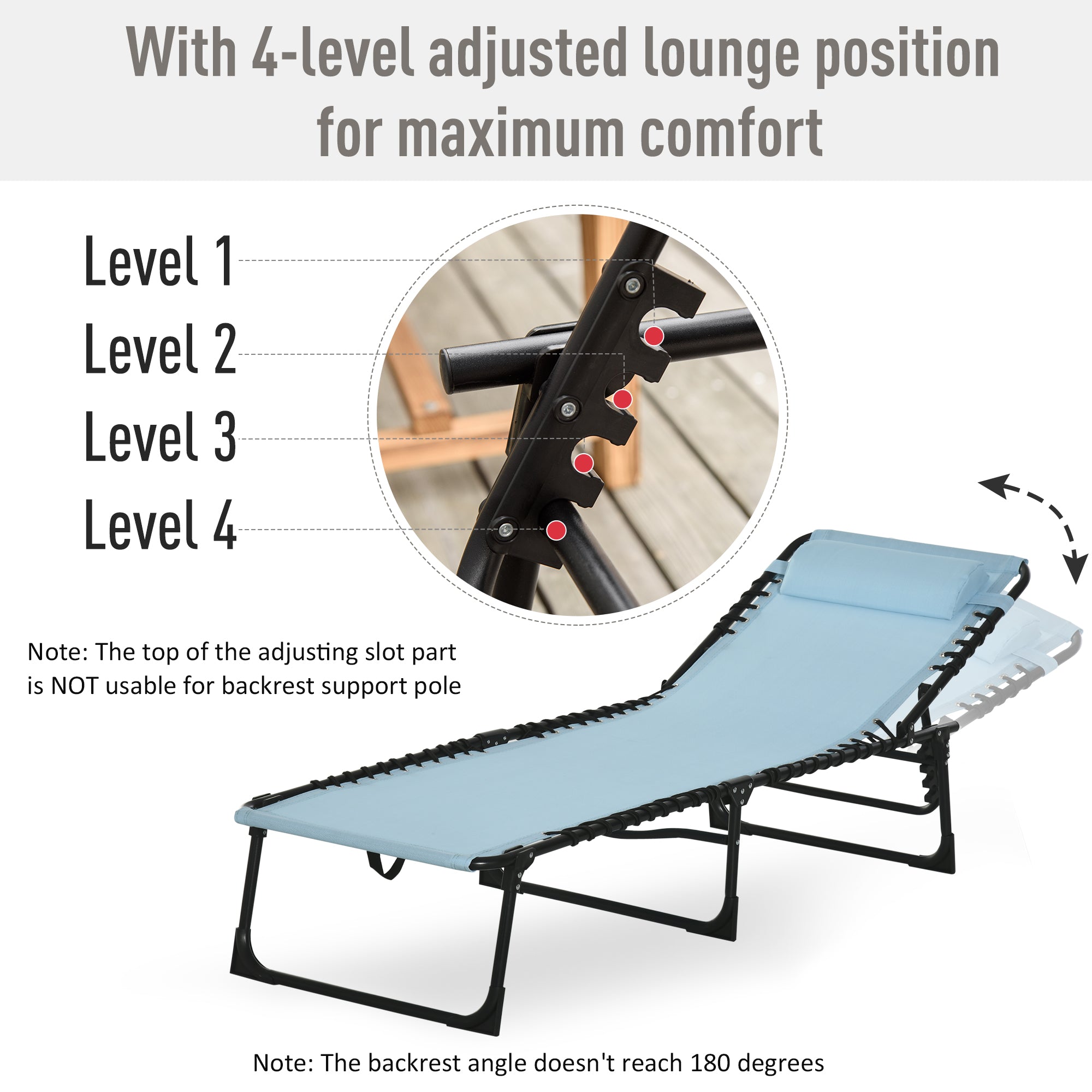 Folding Chaise Lounge Pool Chair with 4-Position Reclining Back, Pillow, Breathable Mesh & Bungee Seat, Baby Blue