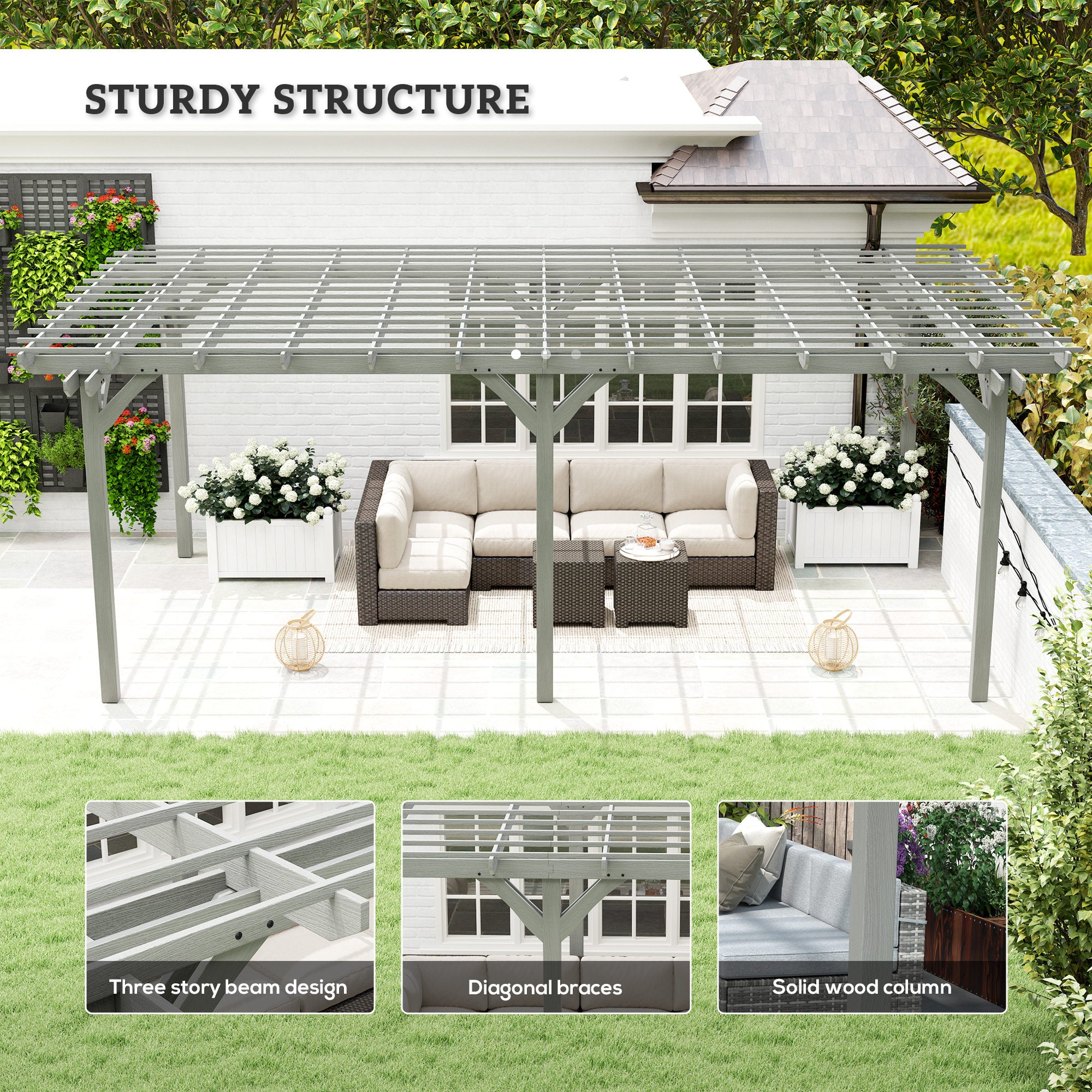 12' x 20' Outdoor Pergola, Wood Gazebo Grape Trellis with Stable Structure for Climbing Plant Support, Gray