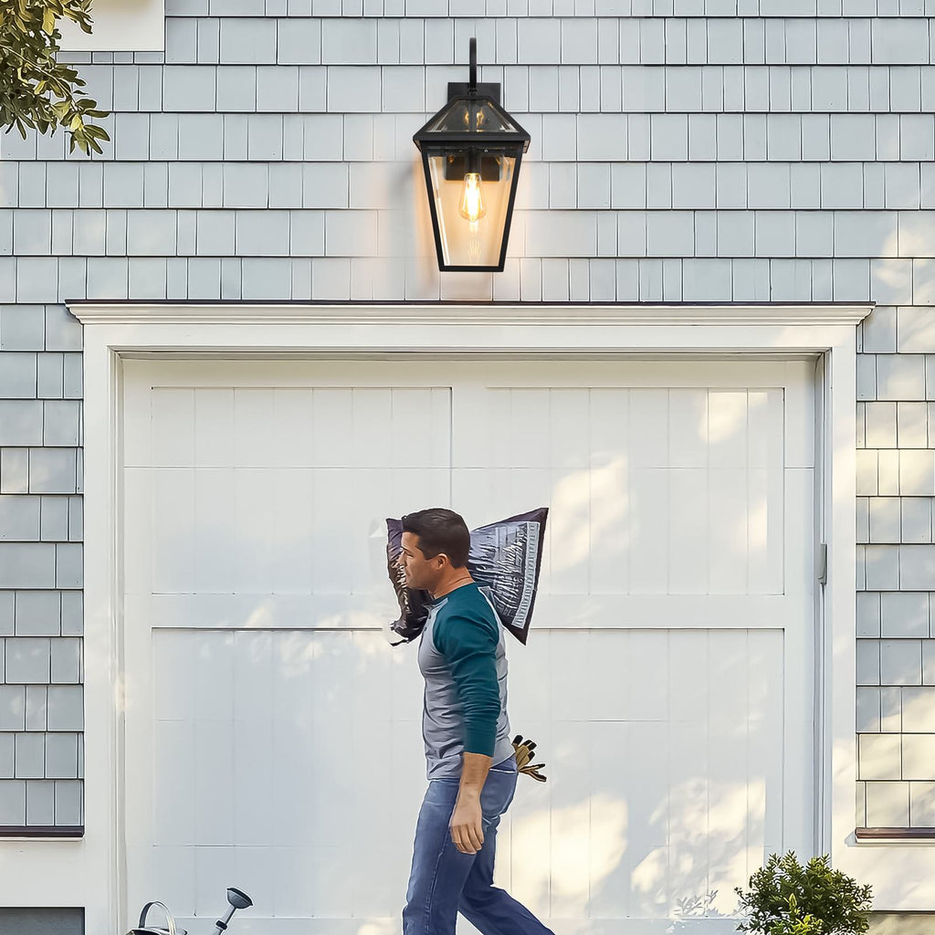 21" Outdoor Wall Lantern Light with Weather-Resistant Design, Modern Meta, Clear Glass Sconce, Easy Installation, 12" L x 10" W x 21" H, Black