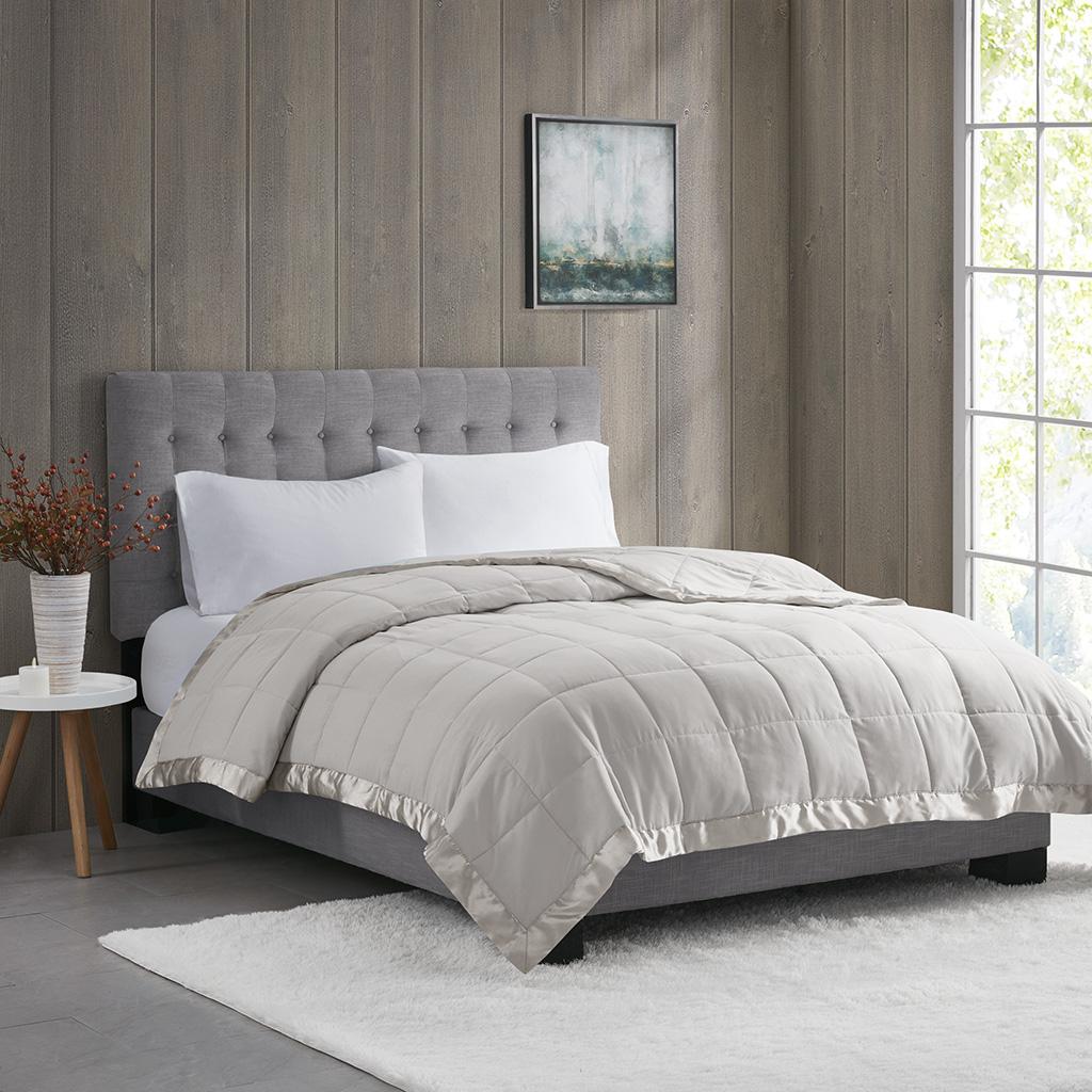 King Size Lightweight Down Alternative Blanket with Satin Trim, Hypoallergenic Polyester, Machine Washable, 108" L x 90" W x 0.25" H, Gray