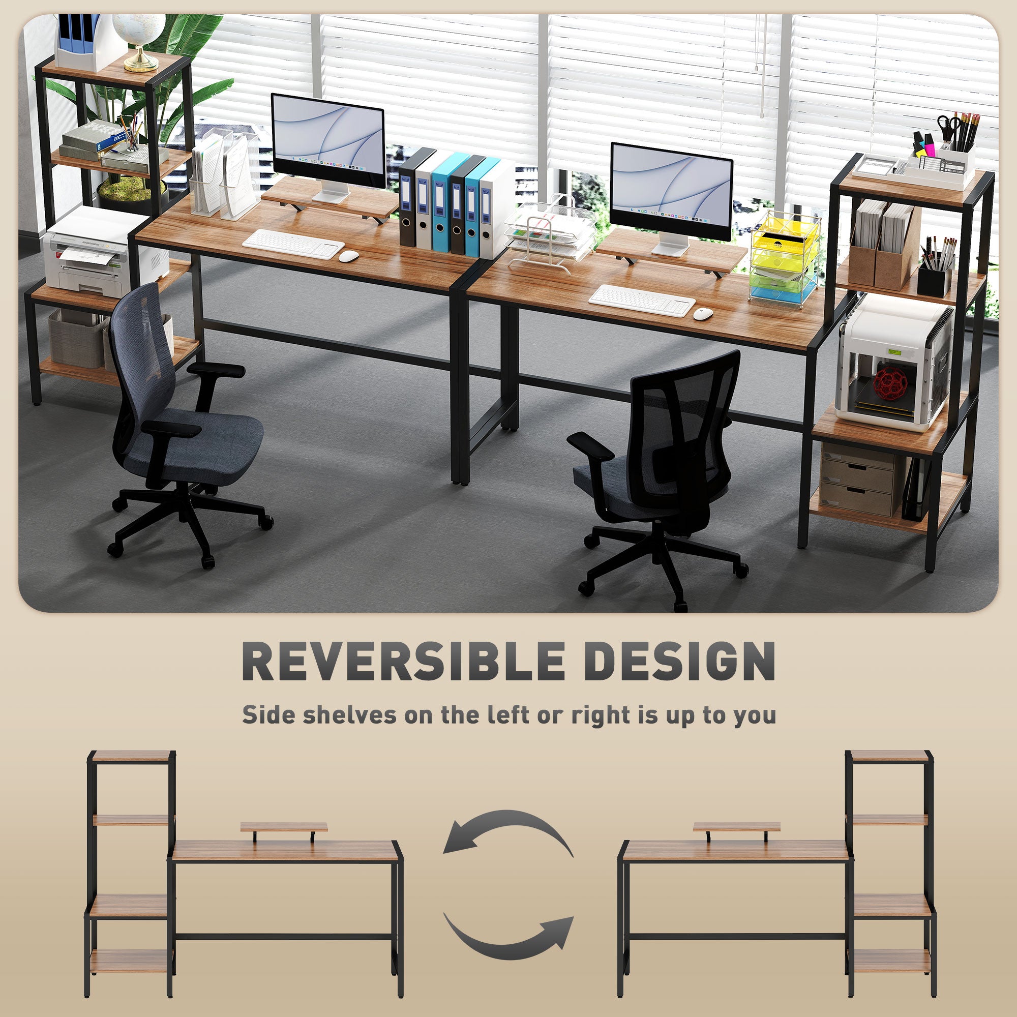 Computer Desk, 67" CPU Desk with Monitor Stand, Reversible 4-Tier Shelf, Industrial Writing Desk for Study Room, Brown