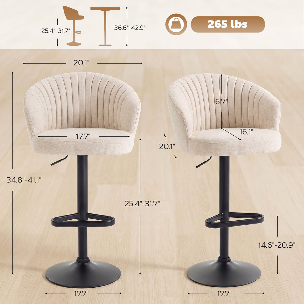 Modern Upholstered Adjustable Barstools with Swivel Seat, Linen Touch Fabric, Steel Frame, Footrest, ‎Beige