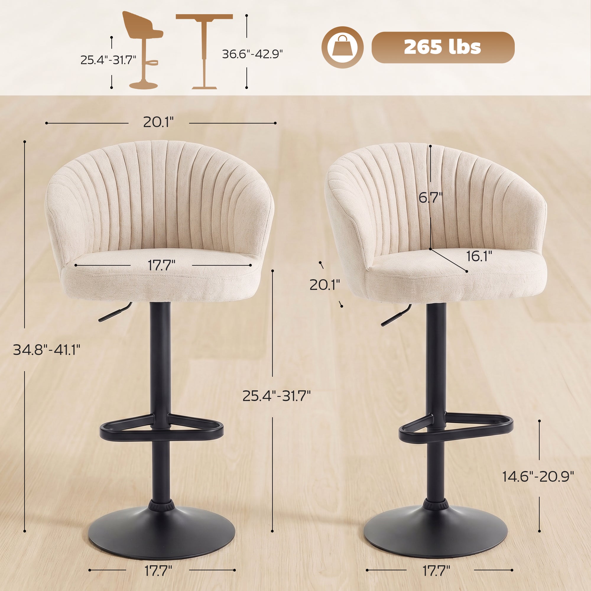 Modern Upholstered Adjustable Barstools with Swivel Seat, Linen Touch Fabric, Steel Frame, Footrest, ‎Beige