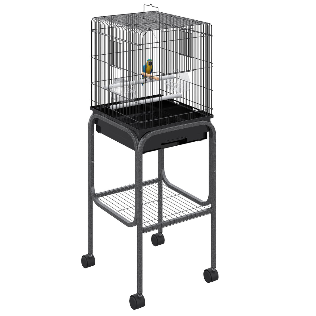 45-inch Metal Indoor Bird Cage, Parrot Cage, Bird Aviary with Detachable Rolling Stand, Storage Basket, and Accessories - Black