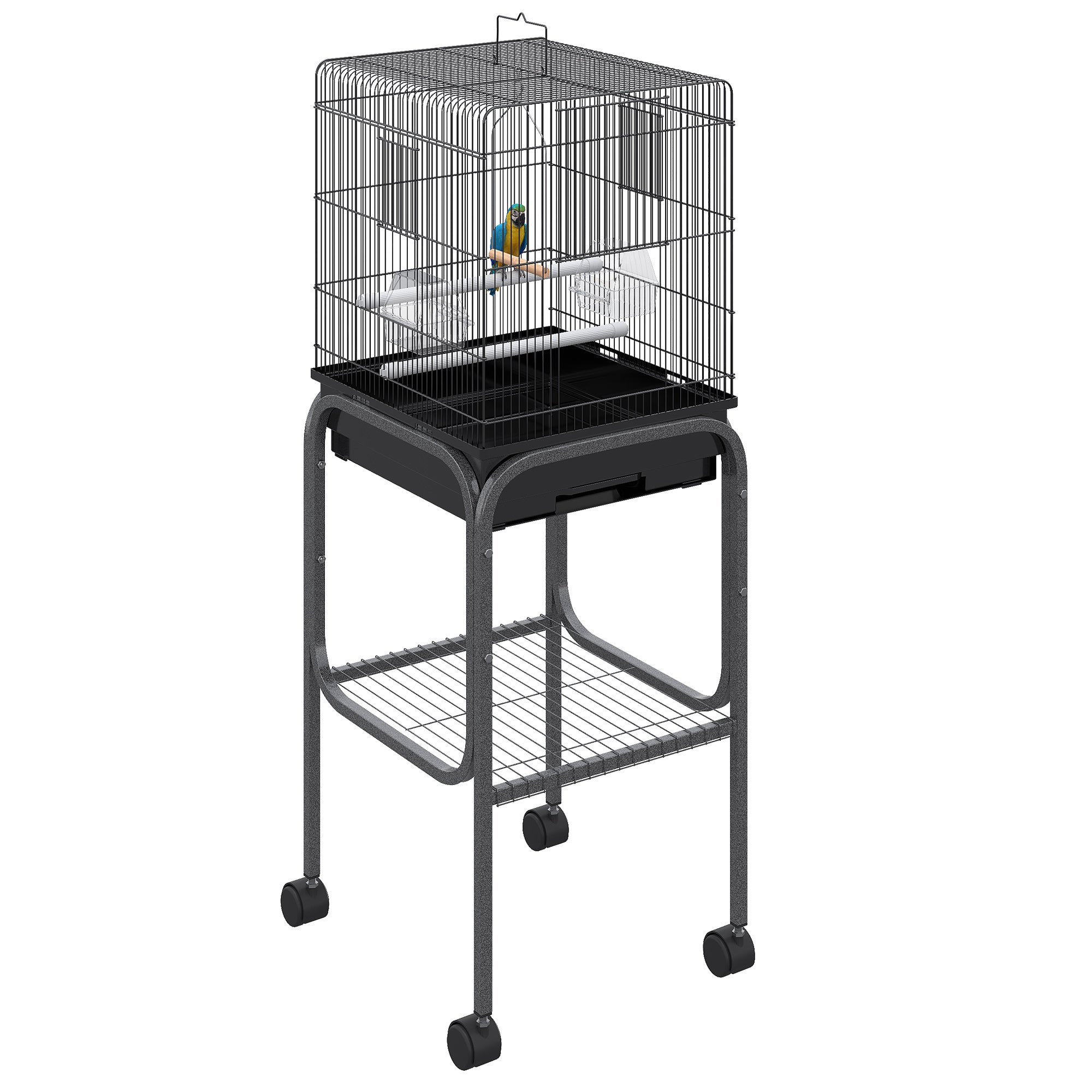45-inch Metal Indoor Bird Cage, Parrot Cage, Bird Aviary with Detachable Rolling Stand, Storage Basket, and Accessories - Black