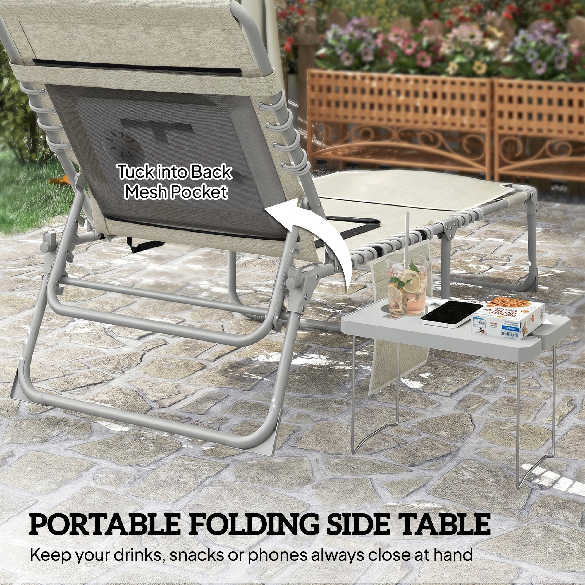 Tanning Chair Set of 2 with Face Hole and Side Table, 5-Position Folding Outdoor Chaise Lounge Chair, Beige