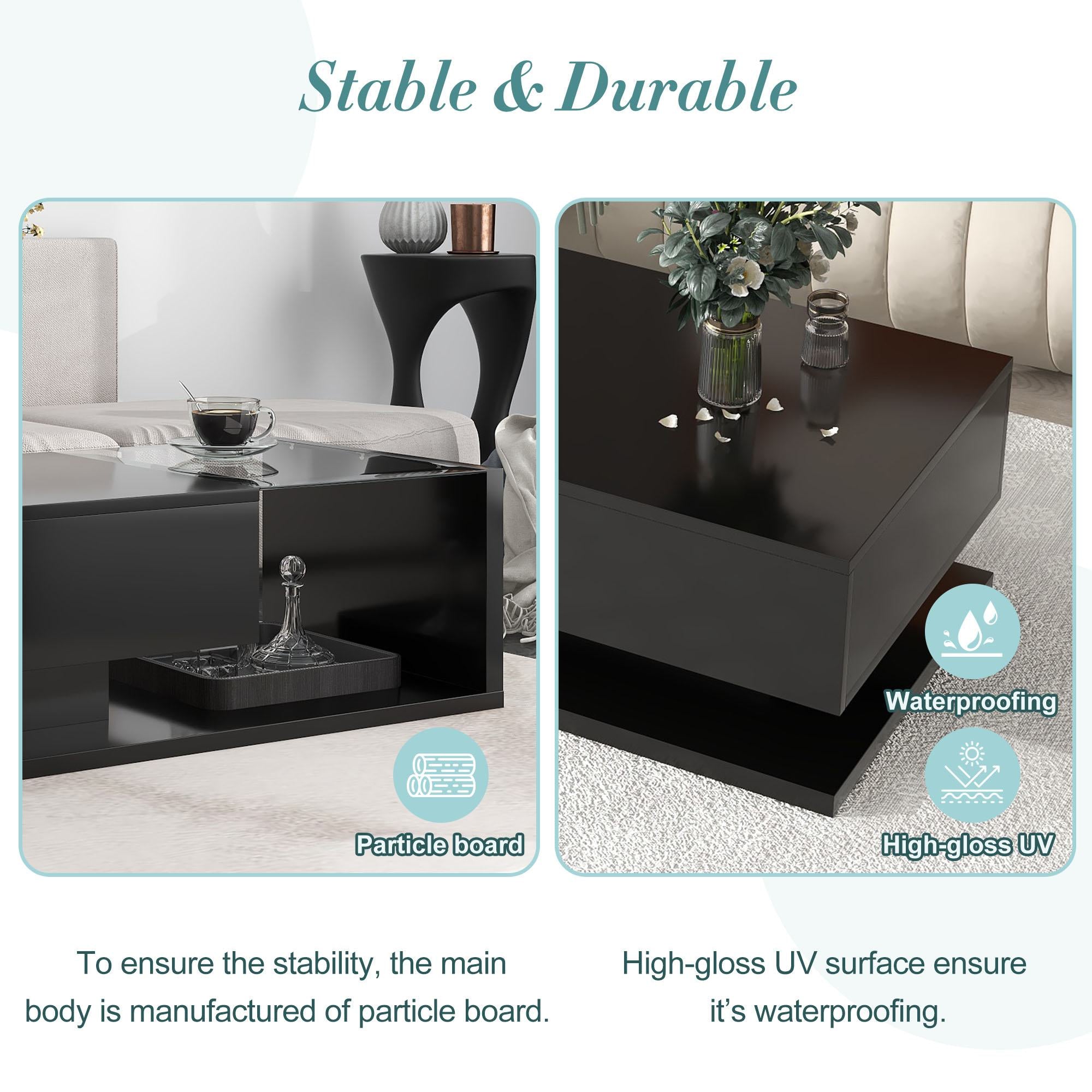 Modern Coffee Table with Tempered Glass, Wooden Cocktail Table with High-Gloss UV Surface, 2-Tier Rectangle Center Table for Living Room, Black