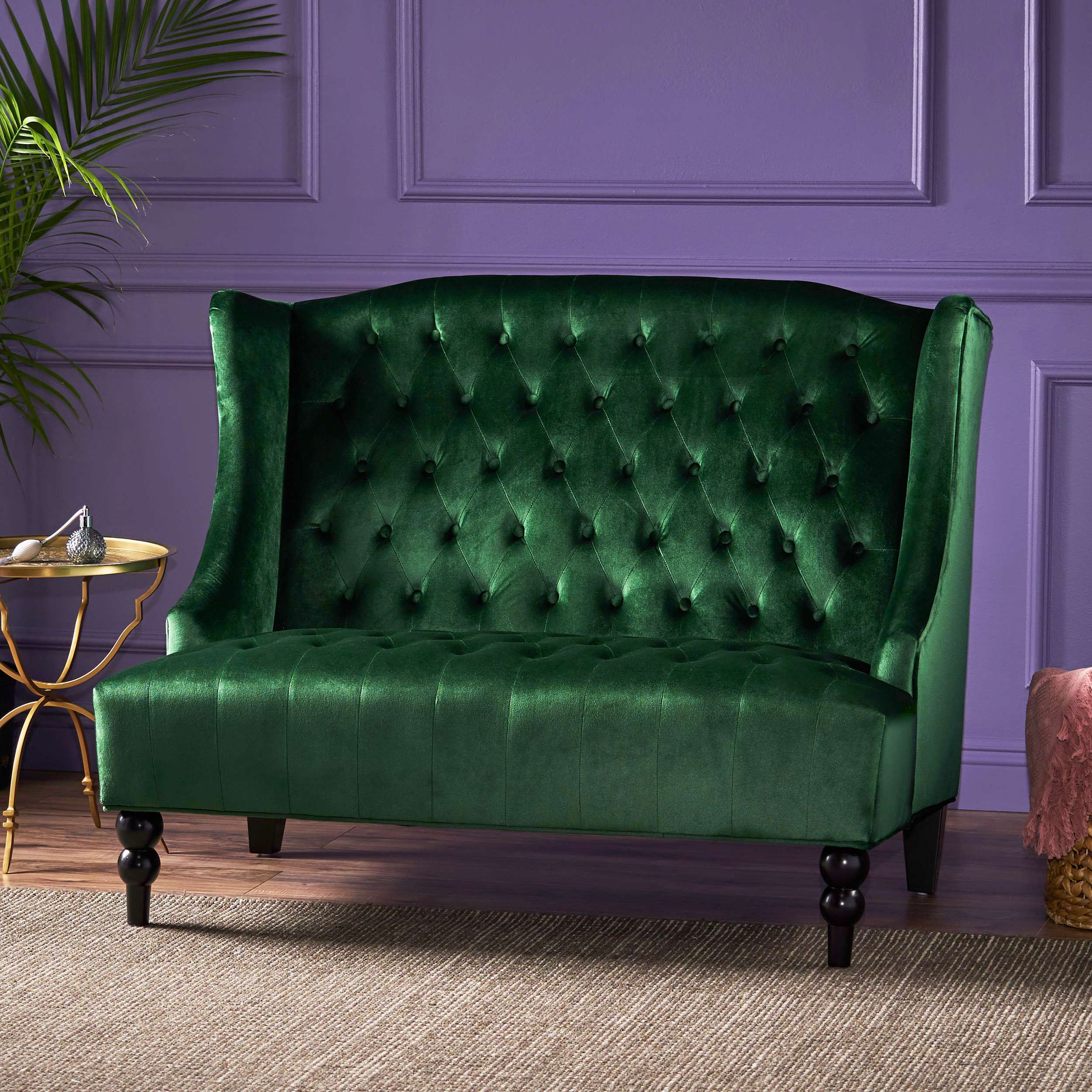 Modern Glam Loveseat Sofa with Velvet Upholstery, Wingback Design, Button-Tufted Diamond Stitch, 50.50" W x 34.00" D x 38.50" H, Emerald