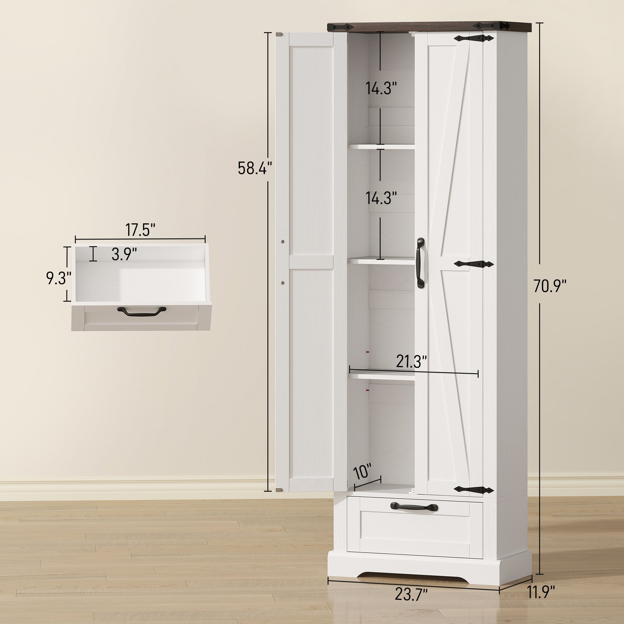 71" Pantry Cabinet, Kitchen Storage Cabinet with Adjustable Shelves, Barn Doors and Drawer for Dining Room, White
