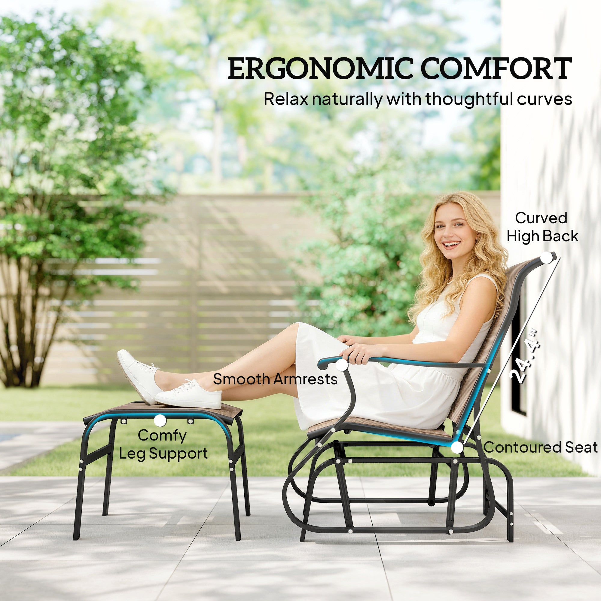 Outdoor Glider with Ottoman, Patio Glider Chair Set with High Back, Wide Seat for Porch, Garden, Backyard, Brown