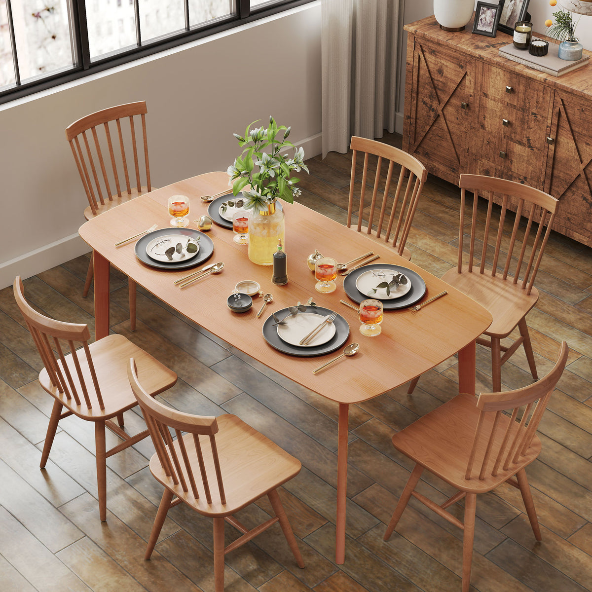 Pine Wood Dining Table for 6, 59" Rustic Rectangular Kitchen Table with Large Tabletop for Dining Room, Natural