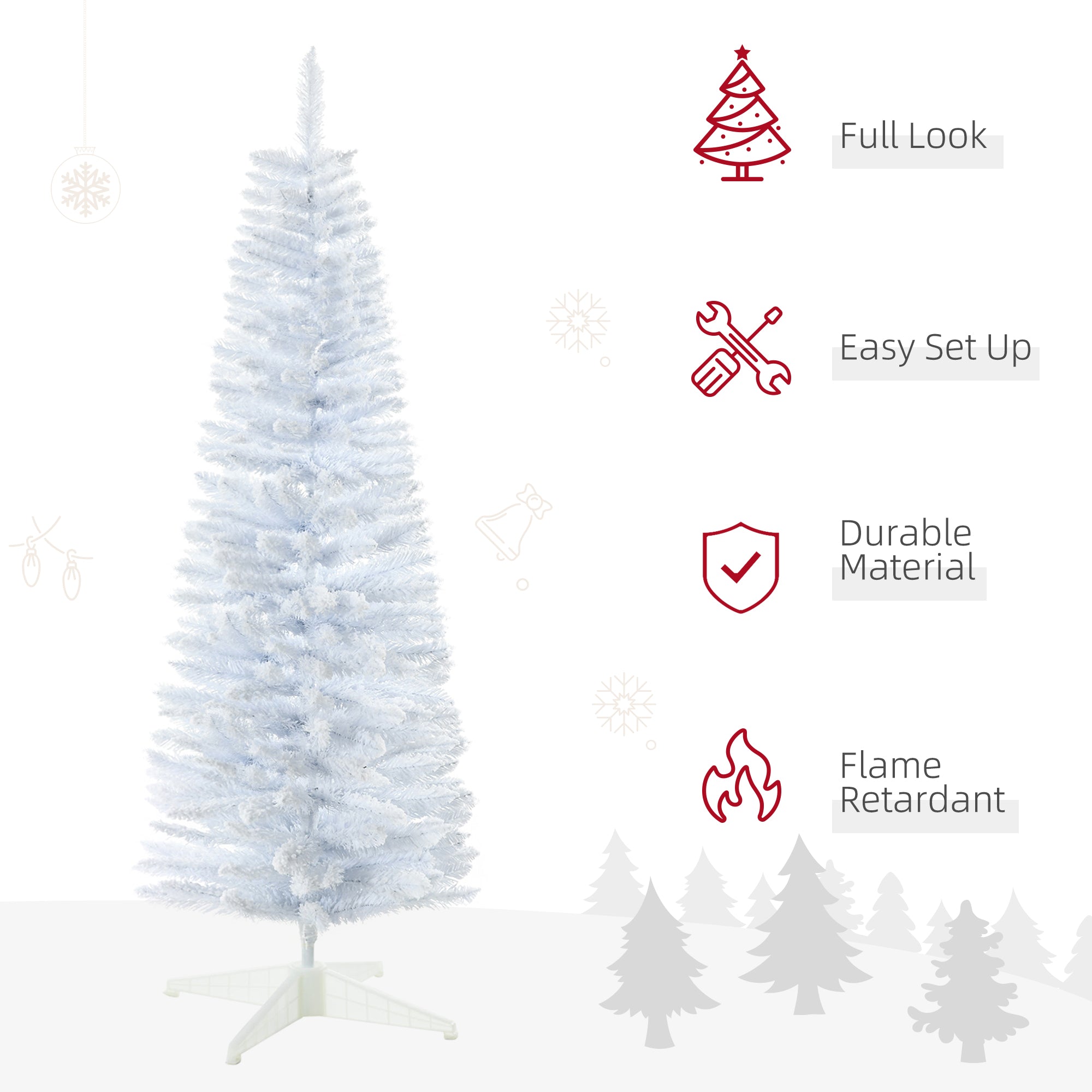 5' Decorated Christmas Tree Snow Flocked Artificial Christmas Tree with Pencil Shape, Realistic Branches, White