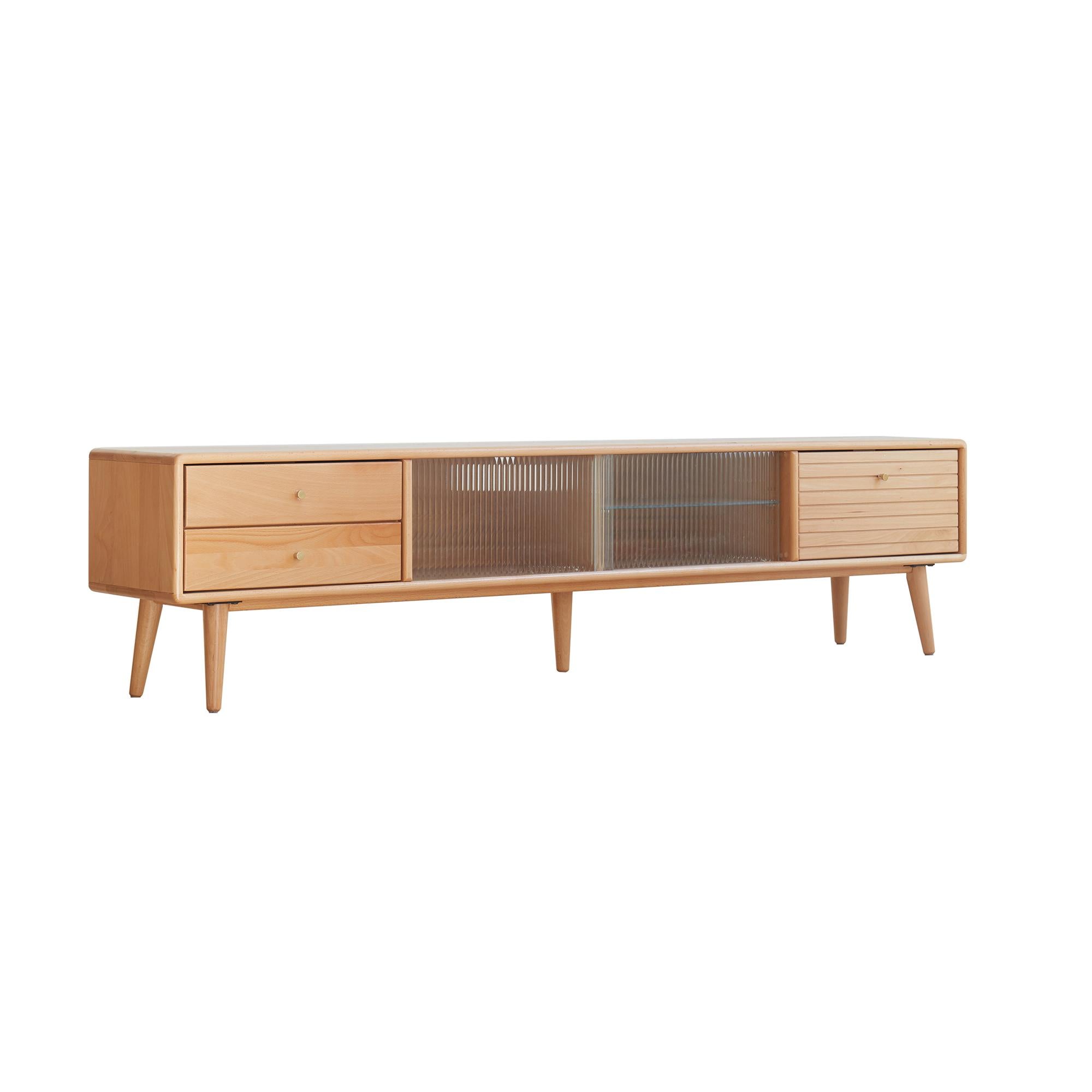 Modern TV Cabinet with High-Quality Glass Doors, Sturdy TV Stand with 2 Pull-Out Drawers, 71″ L x 12.5″ W x 16.5″ H, Natural Wood